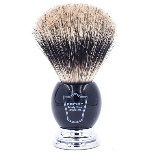 Parker Pure Badger Shaving Brush with Stand – Black & Chrome Handle, 22mm Knot | Rich Lather for Soap & Cream | Handcrafted Wet Shaving Brush for Men | Premium Grooming Tool