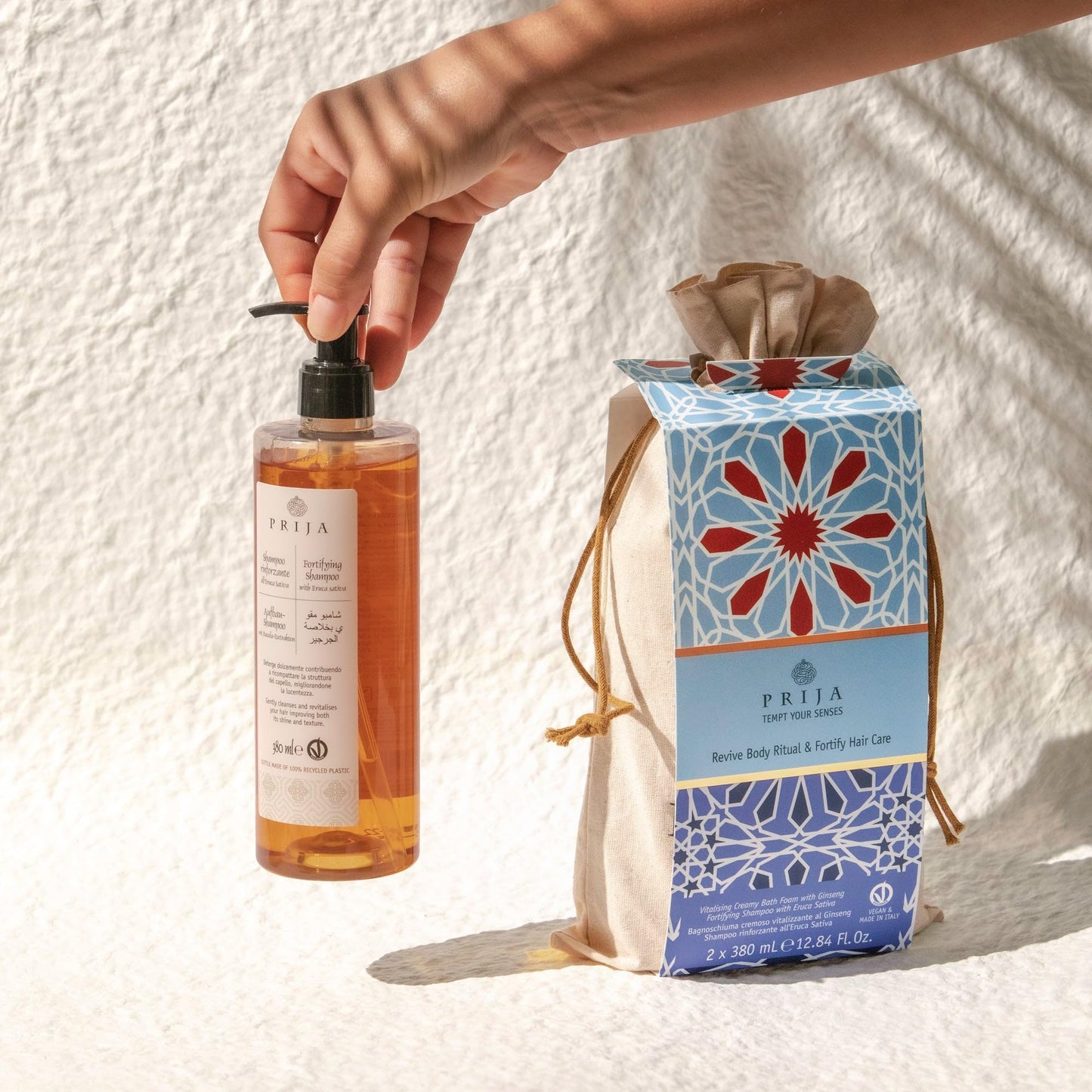 Prija Hair and Body Gift Set with Fortifing Shampoo and Vitalising Creamy Bath Foam with Natural Oils and Warm Notes of Vanilla, Cardamom and Cedar Wood 2 x 12.85 fl oz