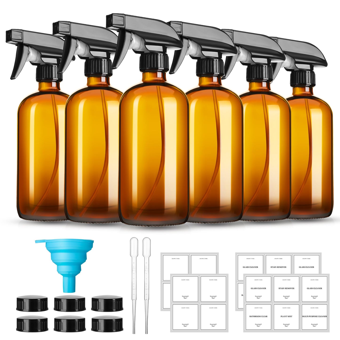 GIVAMEIHF 16oz Amber Glass Spray Bottles,6 Pack Glass Spray Bottles Refillable Empty Bottle with Adjustable Nozzle,Spray Bottle for Essential Oils,Cleaning,Pets,Hair Mister