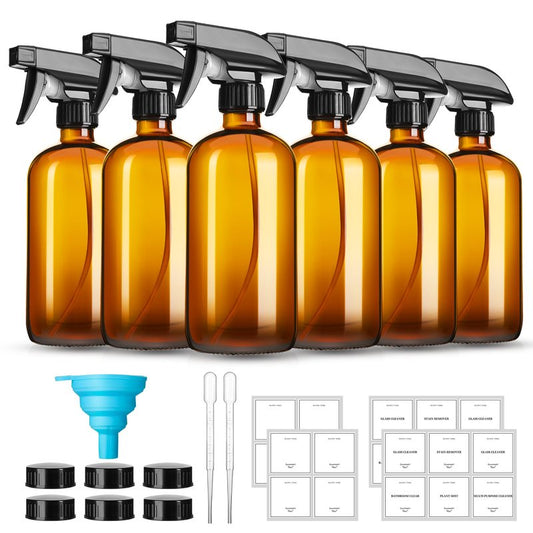 GIVAMEIHF 16oz Amber Glass Spray Bottles,6 Pack Glass Spray Bottles Refillable Empty Bottle with Adjustable Nozzle,Spray Bottle for Essential Oils,Cleaning,Pets,Hair Mister