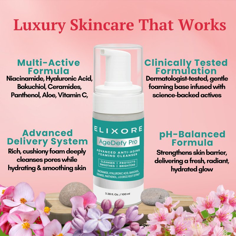 ELIXORE AgeDefy Pro Niacinamide Face Cleanser for Women | Daily Anti-Wrinkle & Calming Facial Wash with Aloe Vera & Green Tea | Removes Makeup & Oil, Deep Cleansing & Hydrating Face Wash (100ml)