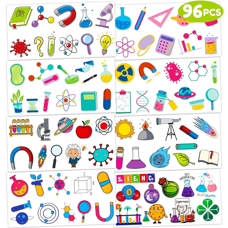 Science Temporary Tattoos - STEM Party Favors & Decorations | 96PCS Cute Chemistry Stickers for Kids & Teens
