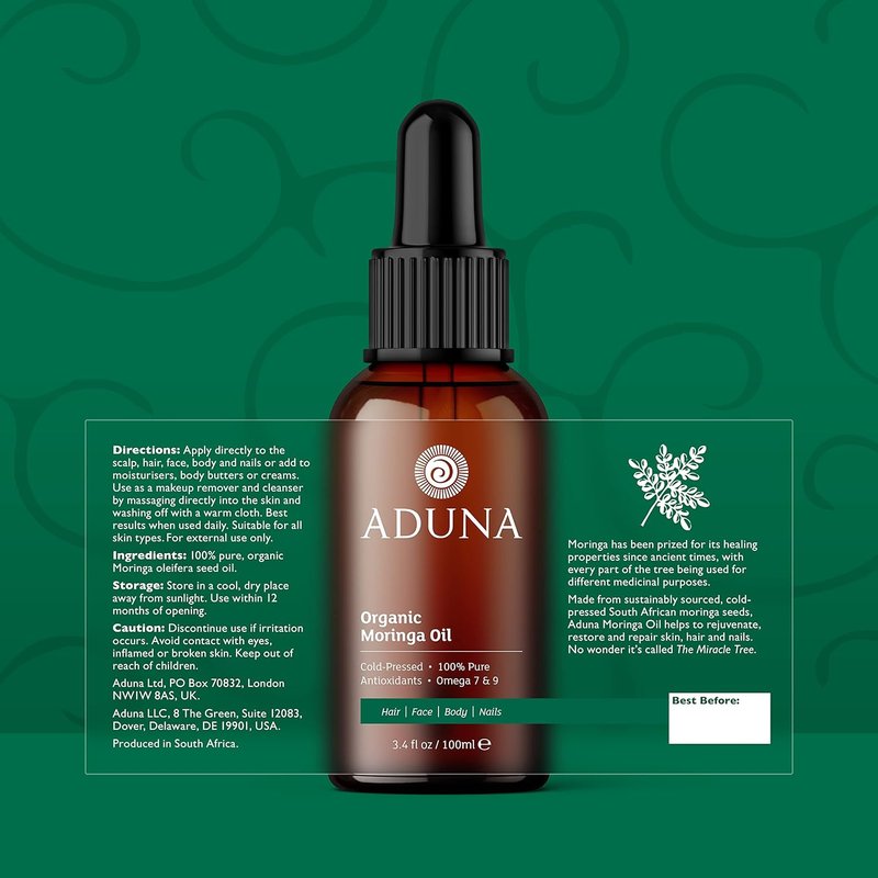 Aduna Organic Moringa Oil - 100% Natural Cold-Pressed Moisturizer for Skin, Hair & Nails | Lightweight & Fast-Absorbing | 100ml