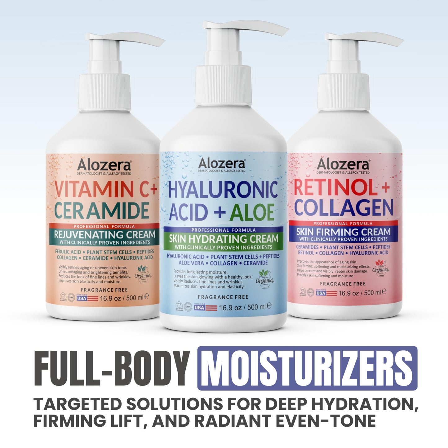 Alozera Hydrating Body Lotion with Hyaluronic Acid & Aloe Vera, Body Moisturizer Cream for Dry Skin, Refreshing Hydration, Lightweight & Fast Absorbing, No Added Fragrance, 16.9 Ounce