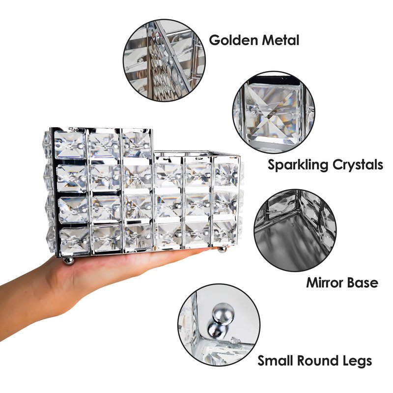 LUEXBOX Crystal Makeup Brush Holder, One-Piece Square Brush Organizer, Cosmetics Brush Storage Container for Table, Dresser, Bathroom, Bedroom Organization (Silver)