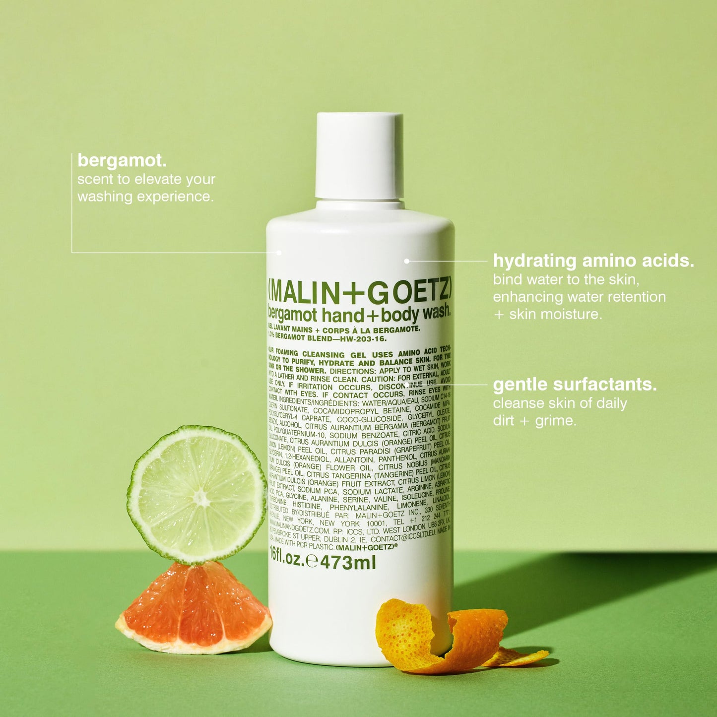 MALIN+GOETZ Hand + Body Wash | Gentle Foaming Cleanser with Botanical Extracts and Amino Acids | Hydrating, pH-Balanced, Unisex Scent | Vegan & Cruelty-Free (Bergamot, 16 Fl Oz)