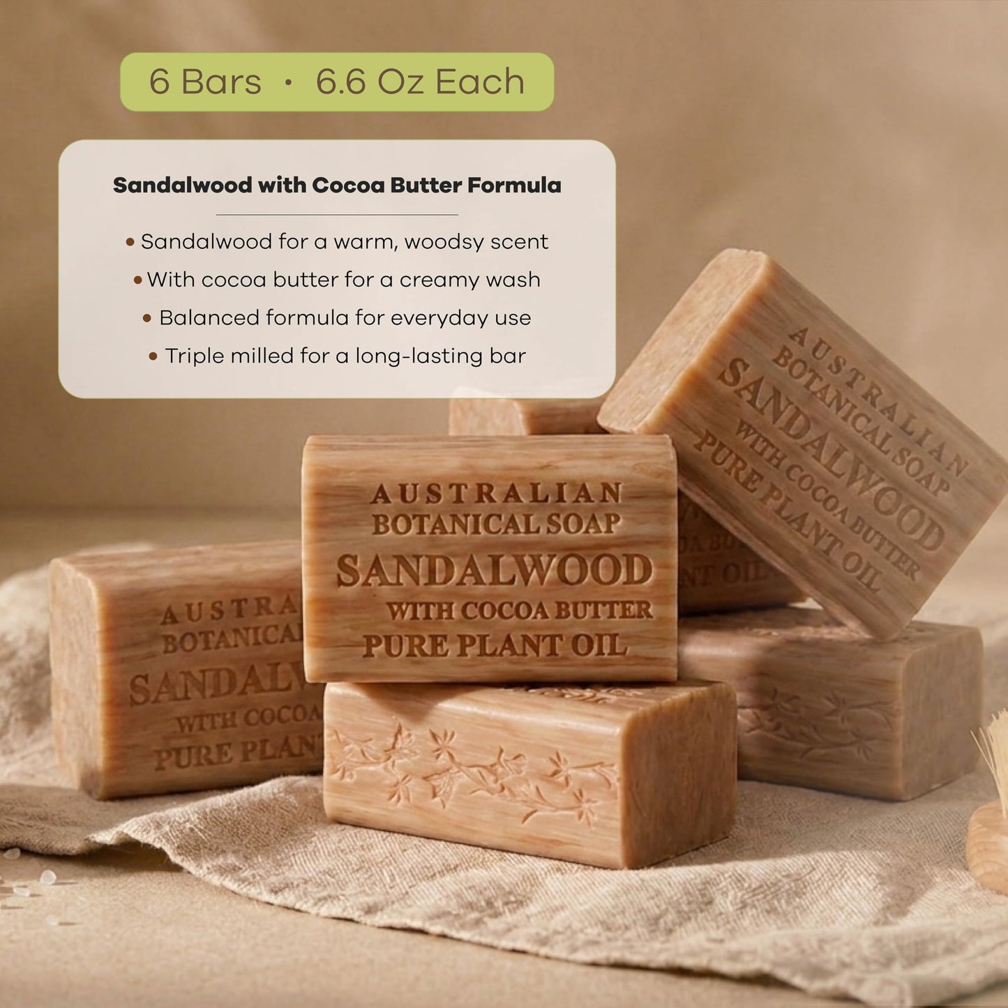Australian Botanical Soap Sandalwood with Cocoa Butter – Triple Milled 6.6 oz Bar Soap with Shea Butter, Face Hand & Body Soap Bars, Pack of 6