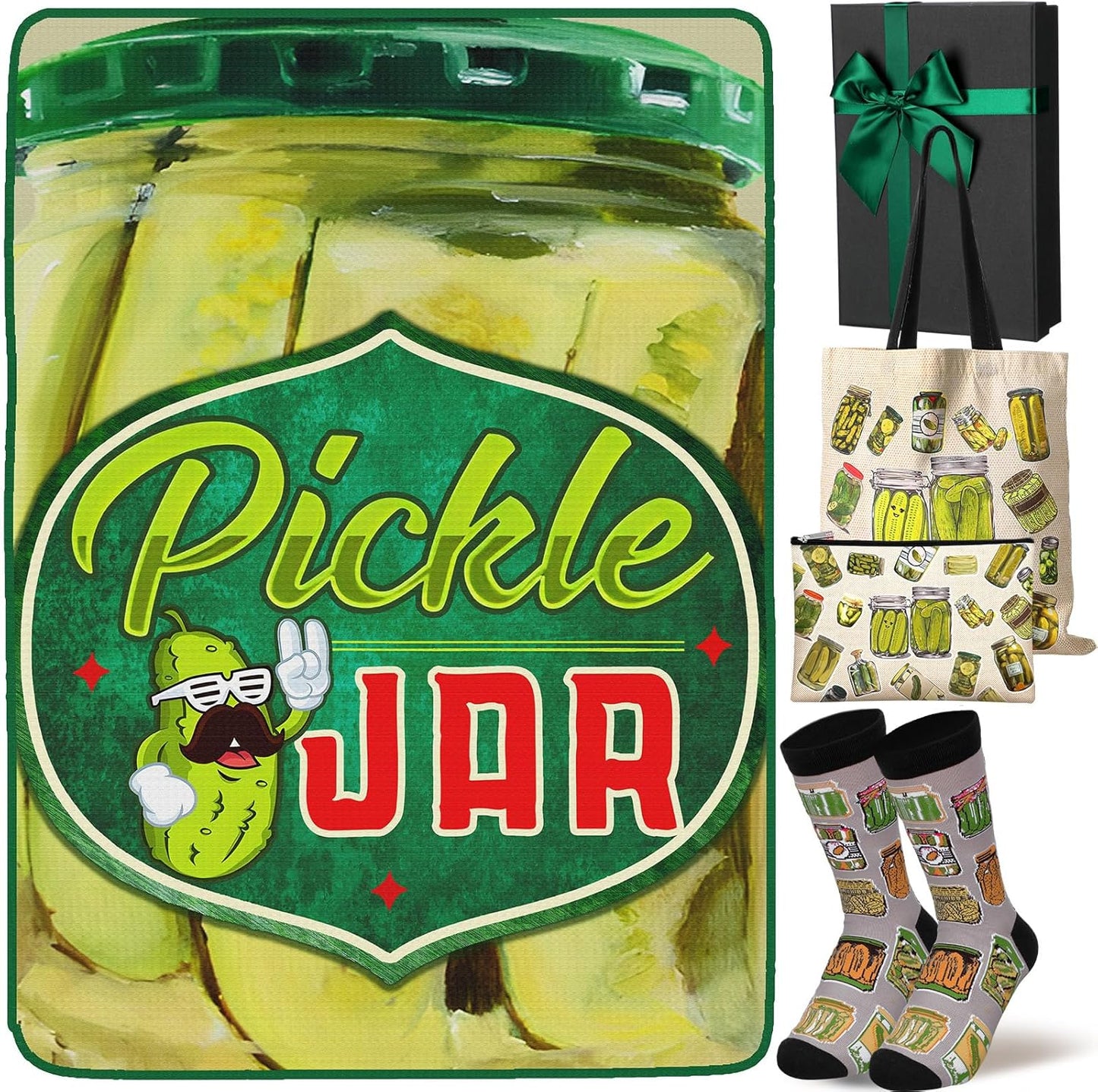 Funny Pickle Gifts Set for Women - 4 Pcs Pickle Lovers Bundle | Blanket, Tote Bag, Makeup Bag & Socks