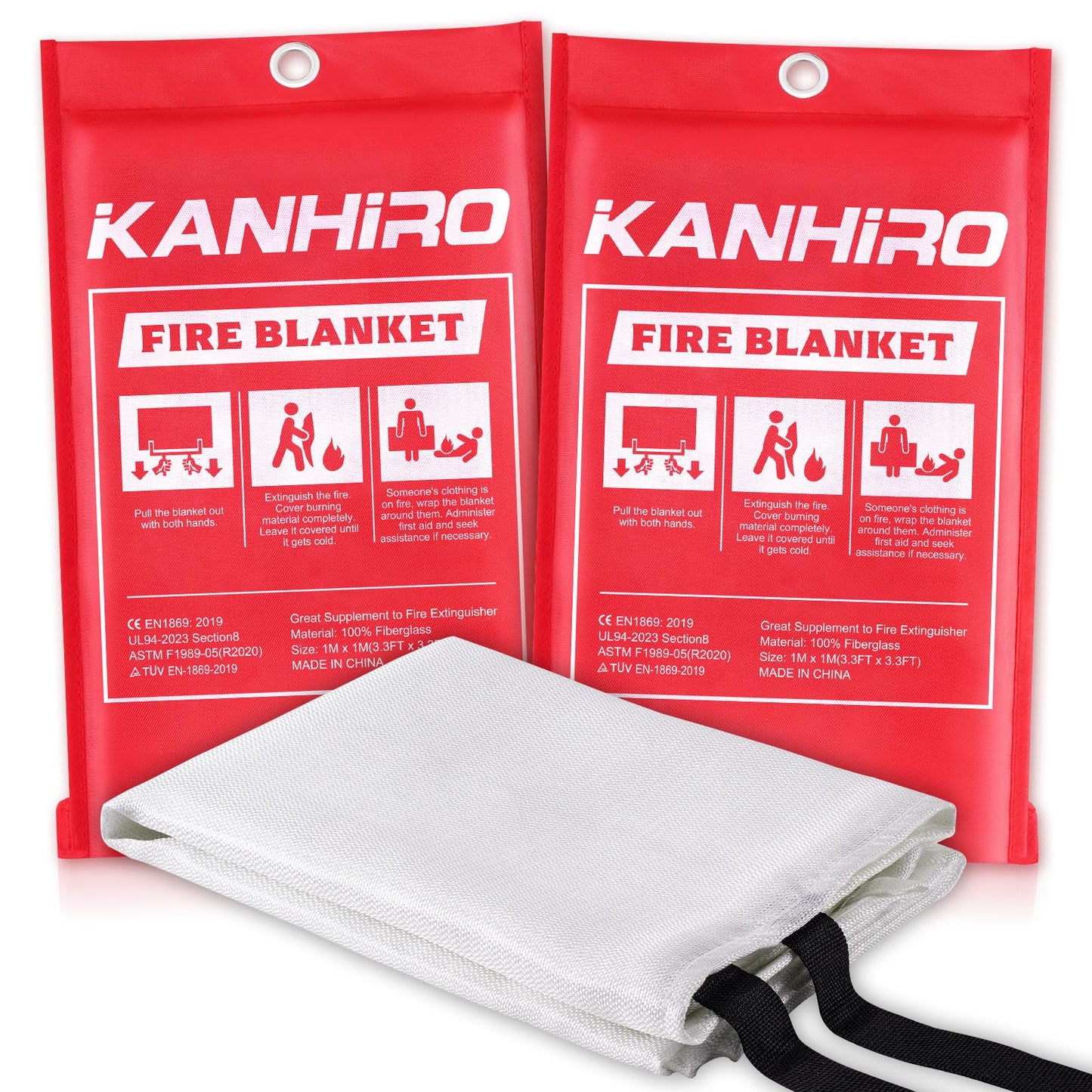 KANHIRO Fire Blanket Emergency for Home Kitchen - Fiberglass Fire Suppression Blanket Great for School, Fireplace, Grill, Car, Office, Warehouse (2 Pack, 39 in X 39 in)