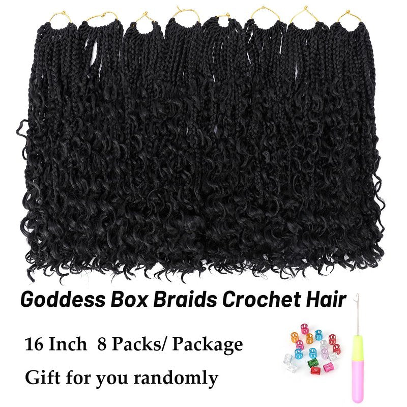 Eerya 8 Packs Boho Goddess Box Braids Crochet Hair for Black Women 16 inch Pre-looped Bohemian Crochet Box Braids With Curly Ends Synthetic Crochet Hair Extensions (16 inch, 1B)