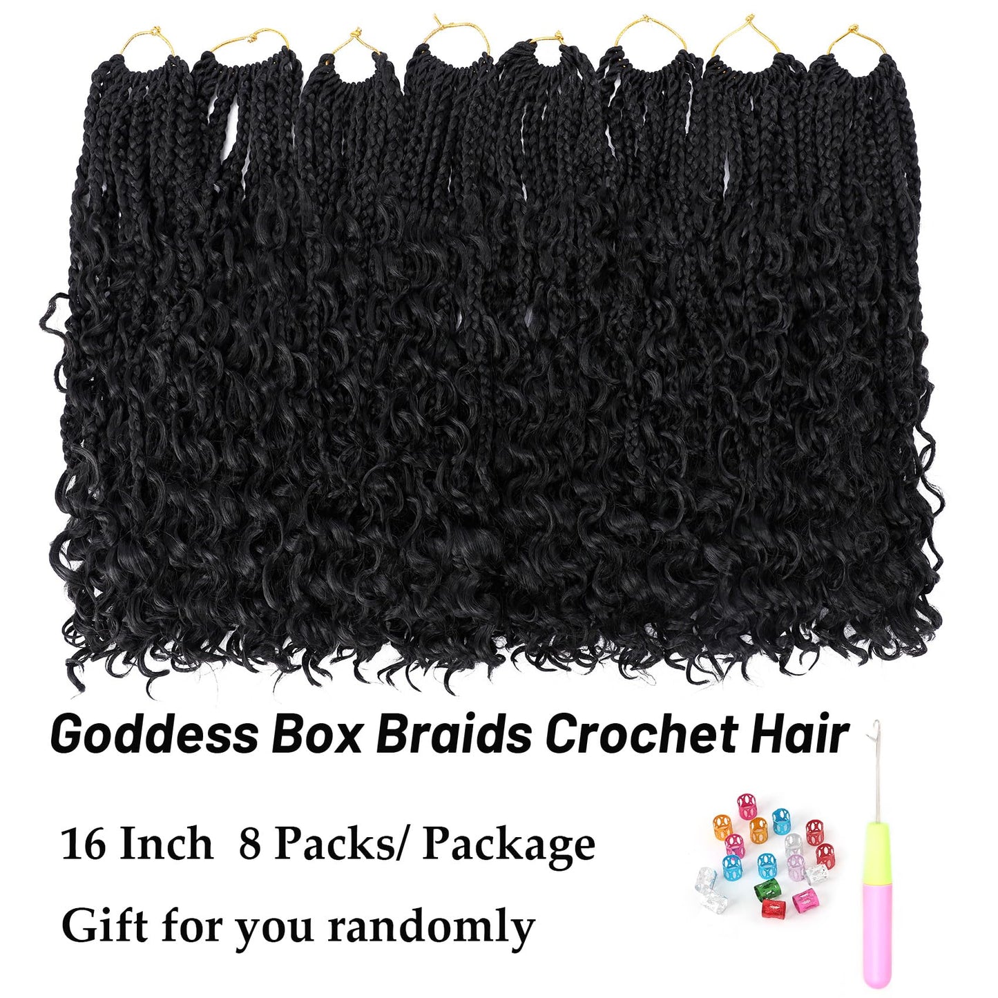Eerya 8 Packs Boho Goddess Box Braids Crochet Hair for Black Women 16 inch Pre-looped Bohemian Crochet Box Braids With Curly Ends Synthetic Crochet Hair Extensions (16 inch, 1B)
