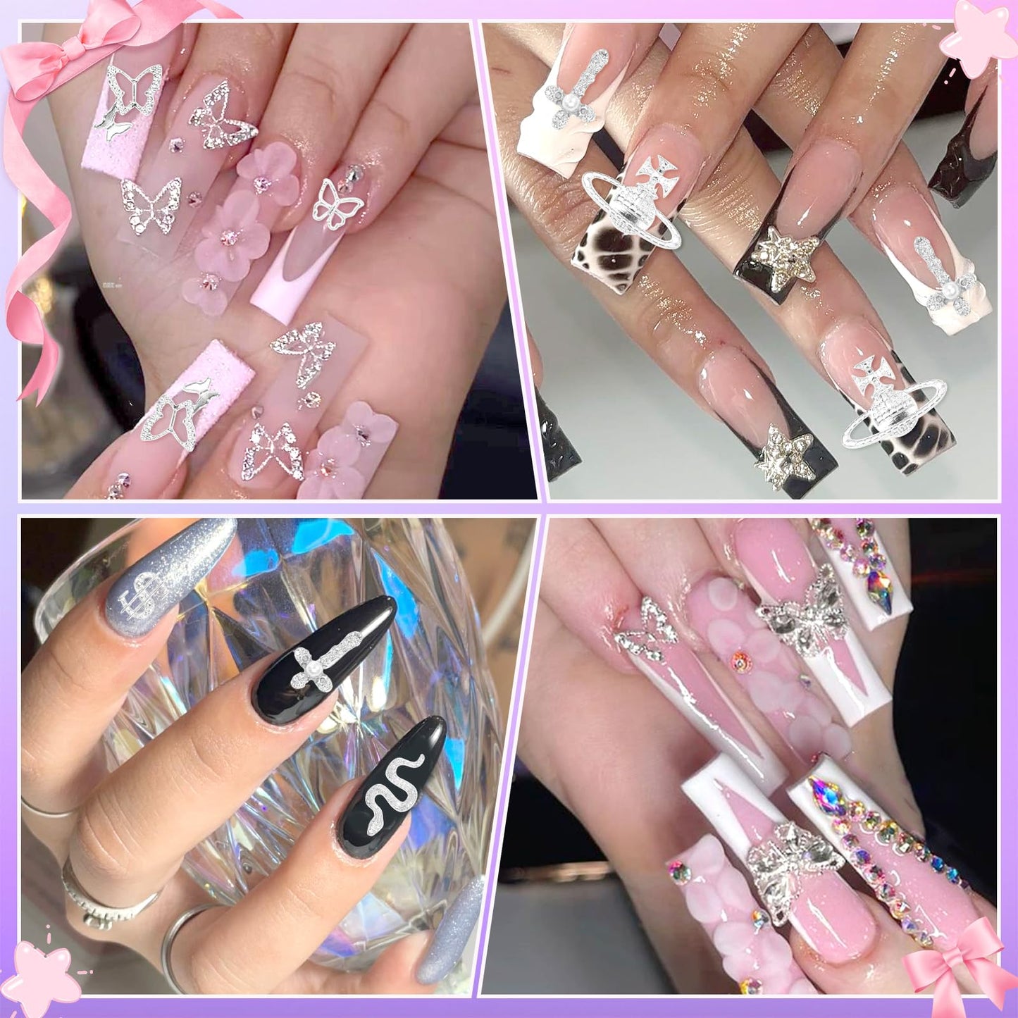 Silver Nail Charms, 320 Pcs Cross Dangle Star 3D Alloy Nail Gems and Charm, Butterfly Bows Star Planet Nail Art Charms, Silver Nails Rivets Charms for Nails DIY Design Y2K Supplies