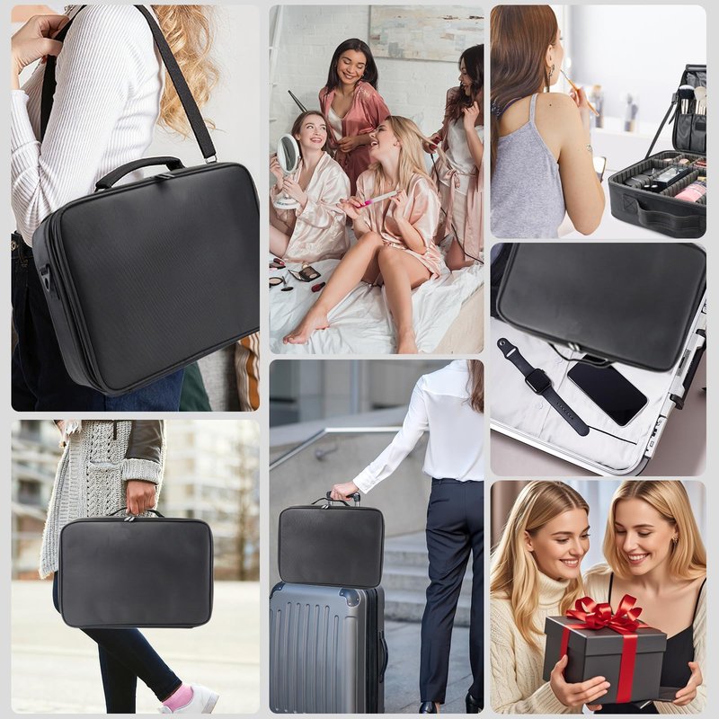 MORMID Travel Makeup Case 3 Layers Portable Makeup Train Case Cosmetic Bag Organizer Storage for Women with Adjustable Dividers and Shoulder Strap for Toiletry Travel Accessories(Black,XL)