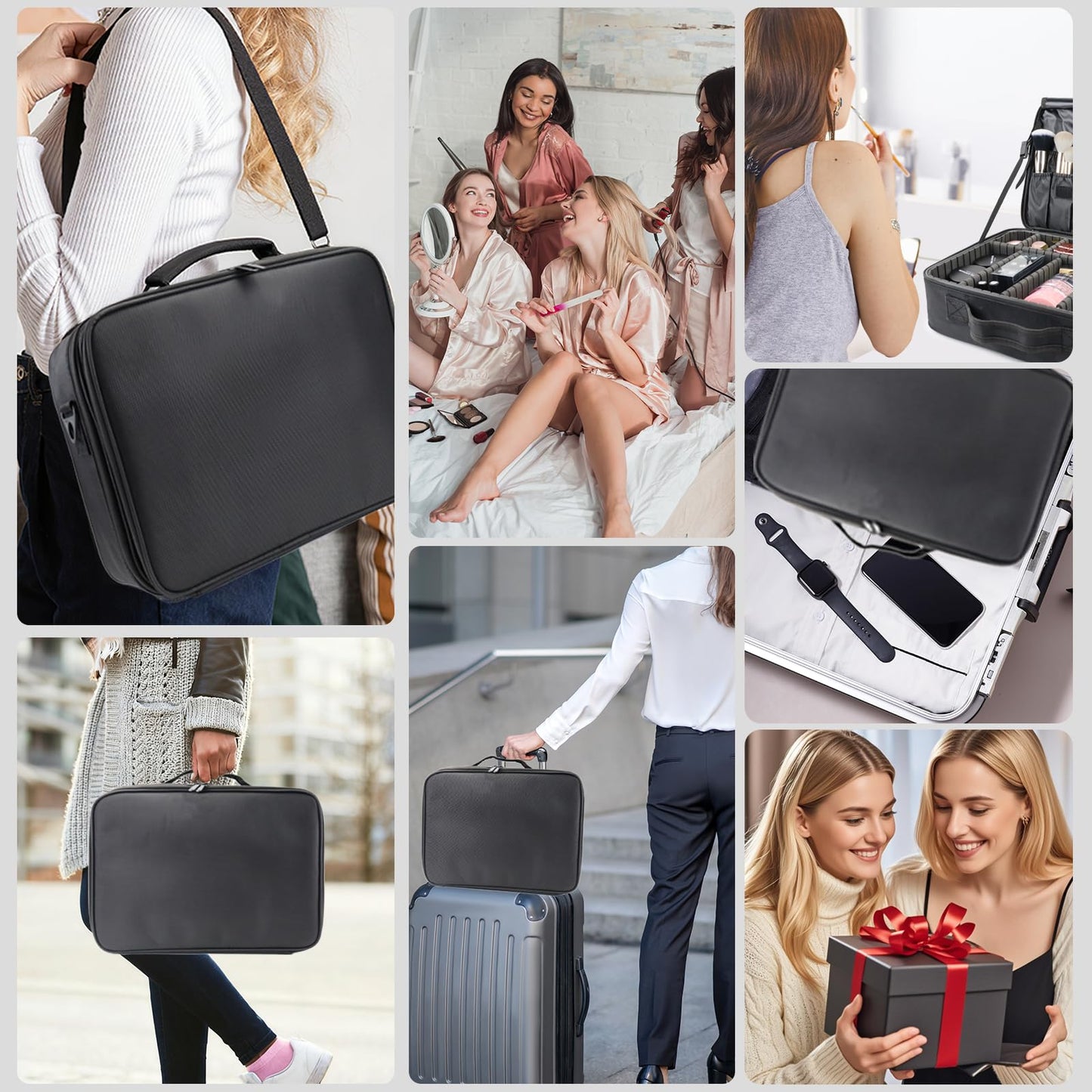 MORMID Travel Makeup Case 3 Layers Portable Makeup Train Case Cosmetic Bag Organizer Storage for Women with Adjustable Dividers and Shoulder Strap for Toiletry Travel Accessories(Black,XL)
