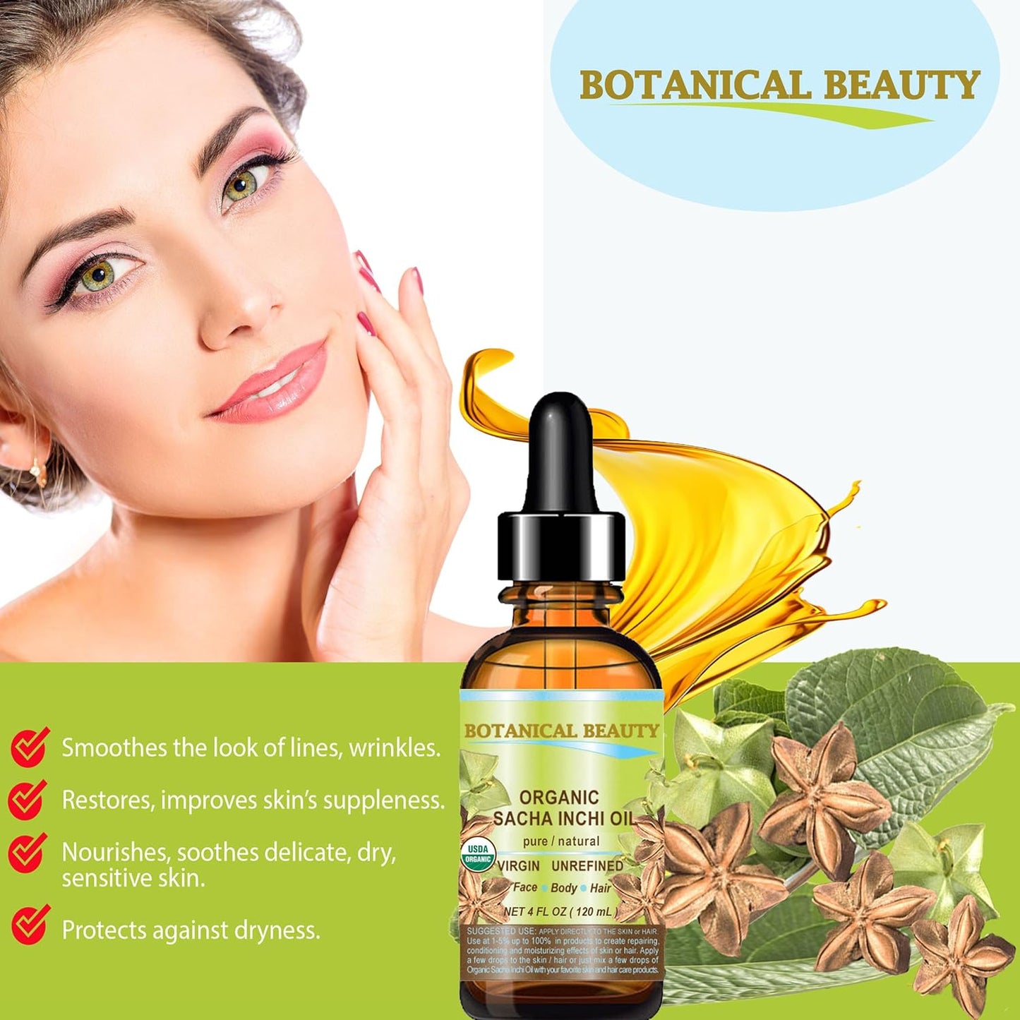Organic Sacha Inchi Oil - 100% Pure Virgin Cold Pressed Carrier Oil for Face, Skin & Hair | 4 Fl Oz (120 ml)