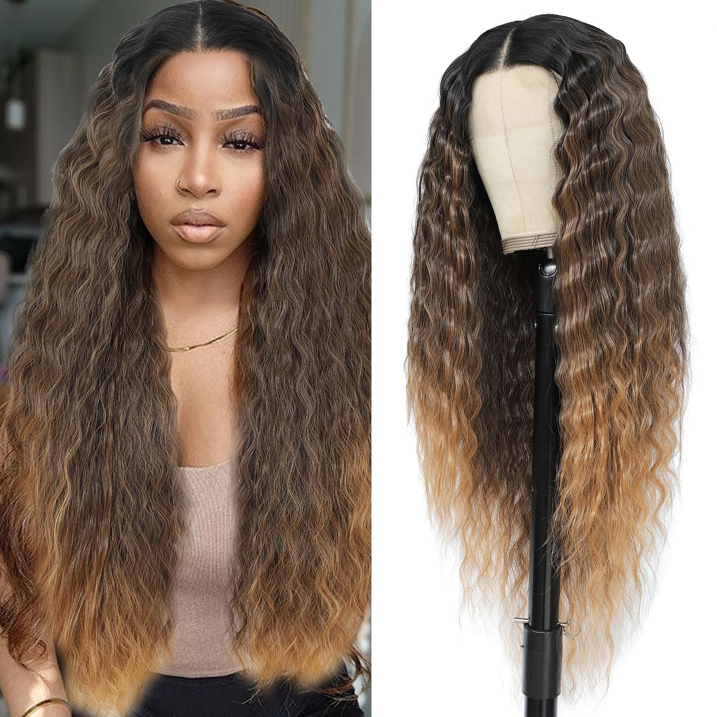 Civrie 30 Inch Lace Front Wigs Synthetic Hair Wigs for Balck Women,13x4x1 T Part Curly Lace Wigs, Ombre Light Brown Crimped Deep Wave Culrs Curly Wigs for Daliy Use, Korean Fiber Curly Wigs