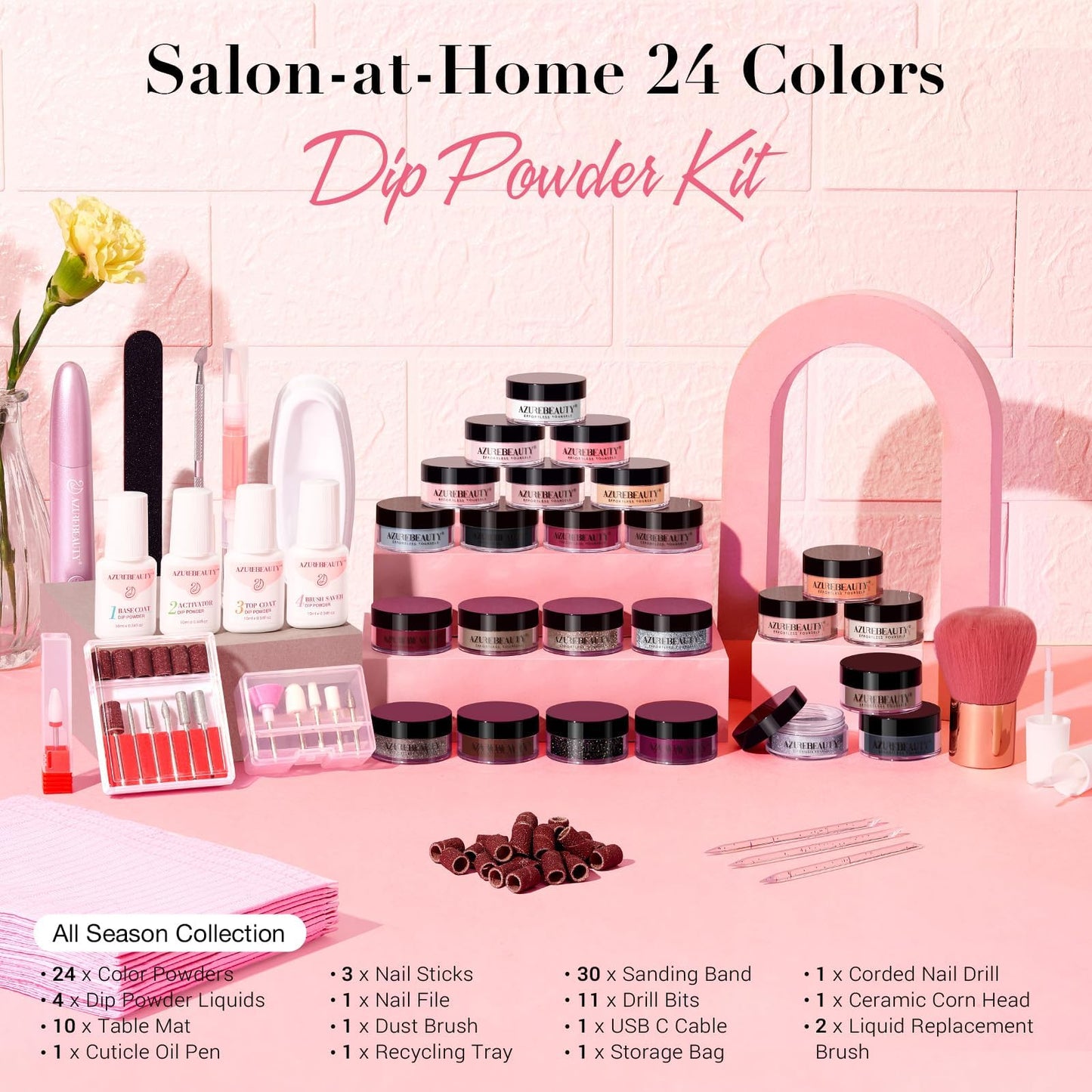 AzureBeauty Dip Powder Nail Kit with Electric Nail Drill, 24 Colors Nude Pink Glitter Nail Powder Starter Kit with Dip Liquids Base Top Coat Activator Portable Manicure French Nail Art Essential Set