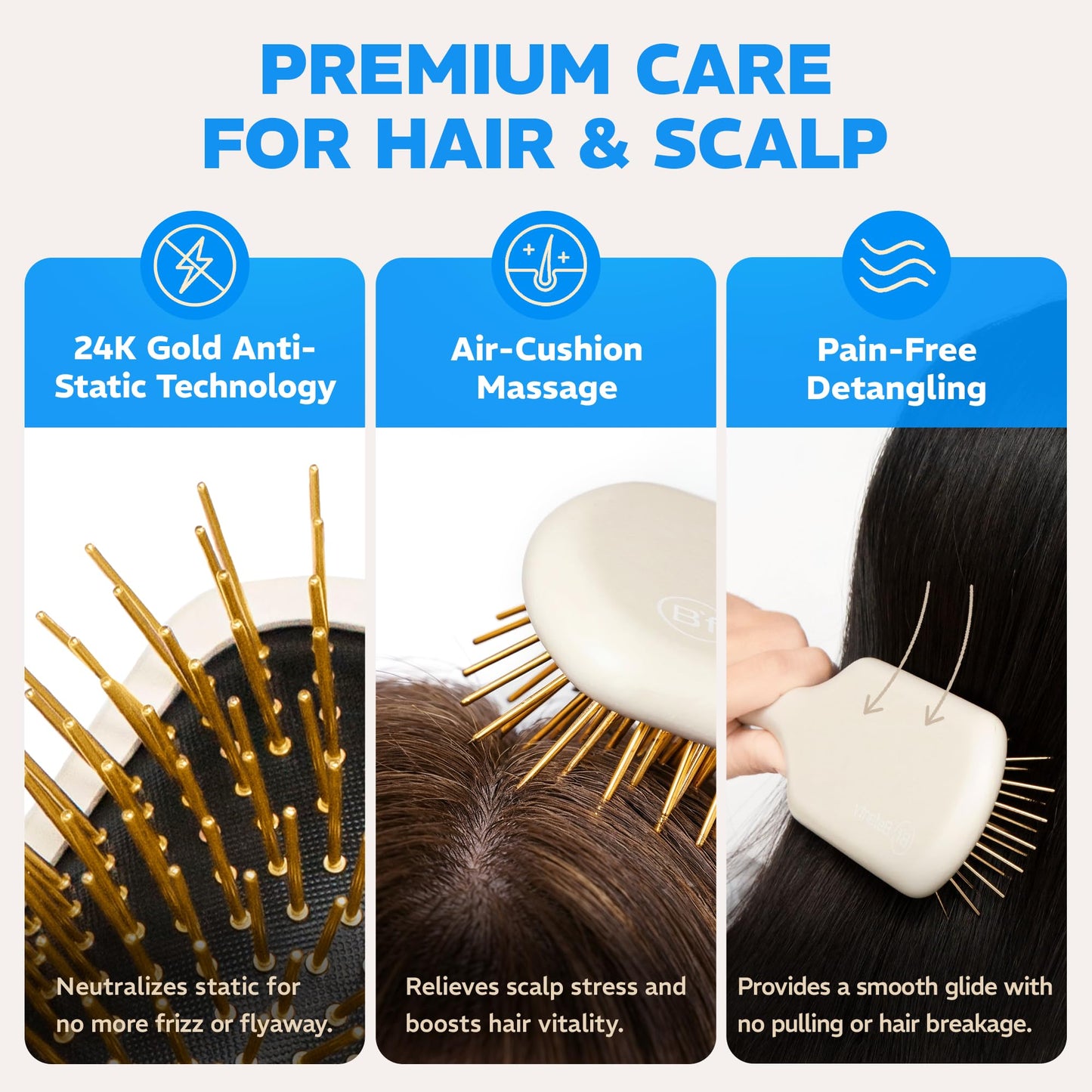 Befanty 24K Gold Plated Gua Sha Hairbrush & Scalp Massager, Anti-Static Metal Bristle Comb for Dry & Wet Brush, Detangler & Curly Hair Brushes for Women & Men