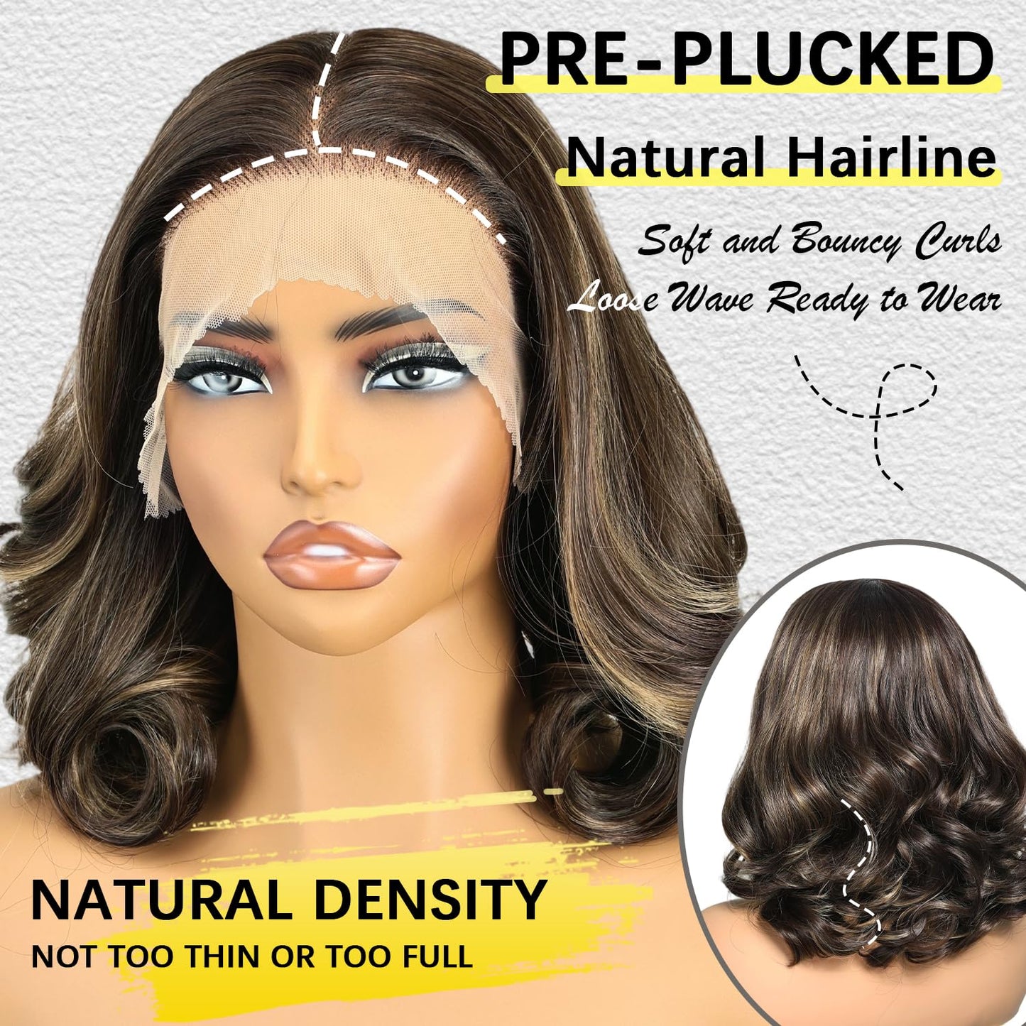 **SOKU 13x6 Lace Front Wavy Wig - 12 Inch Short Synthetic Wig for Black Women | Highlight Brown, Pre-Plucked, Glueless**