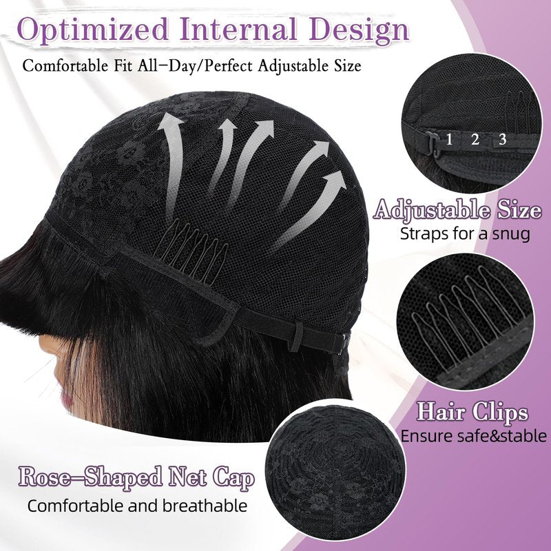 ZHENGON Bob Human Hair Wig with Bangs Silky Straight Glueless Wigs Human Hair 150% Density Black Bob Wig with Bangs None Lace Machine Made Wigs for Black Women 10Inch