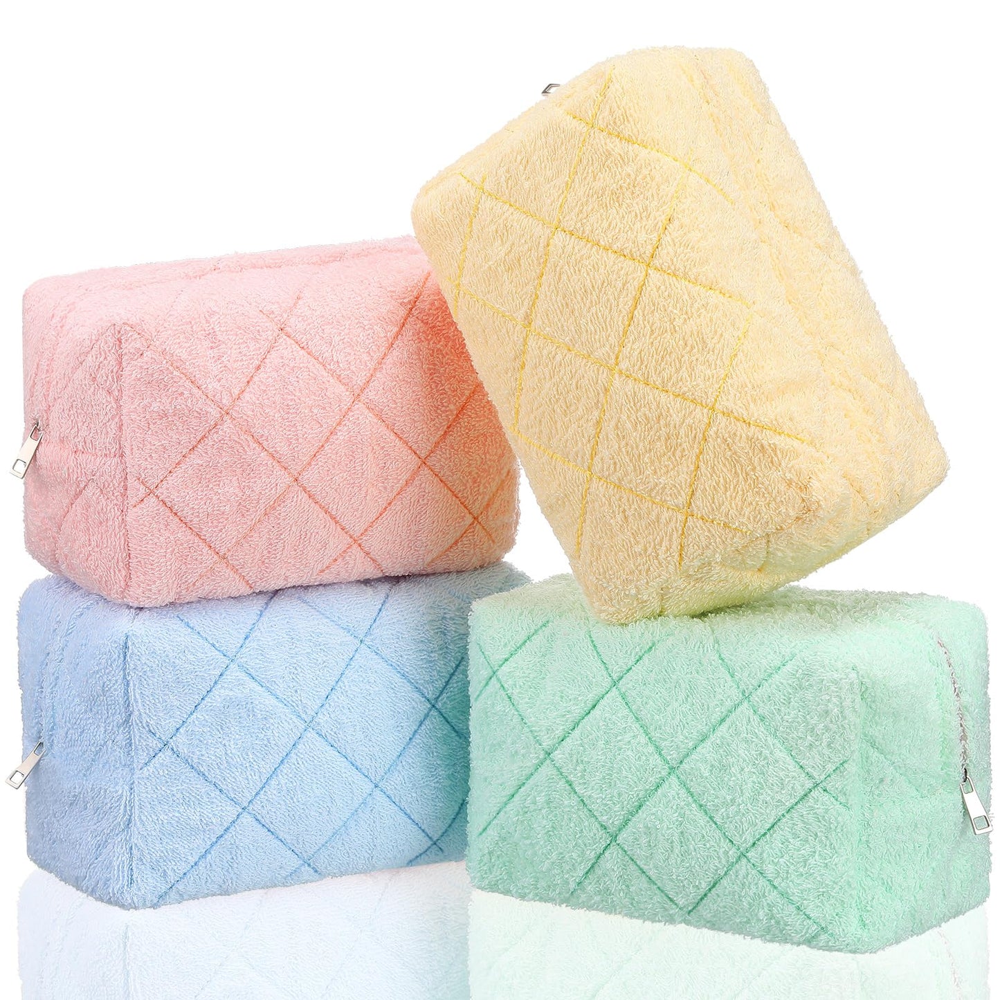 LEIFIDE 4 Pcs Quilted Makeup Bag Pouch Cute Plush Fuzzy Checkered Cosmetic Bag Cotton Terry Cloth Toiletry Pouch with Zipper Portable Travel Organizer Preppy Brush Storage for Christmas Women Gift