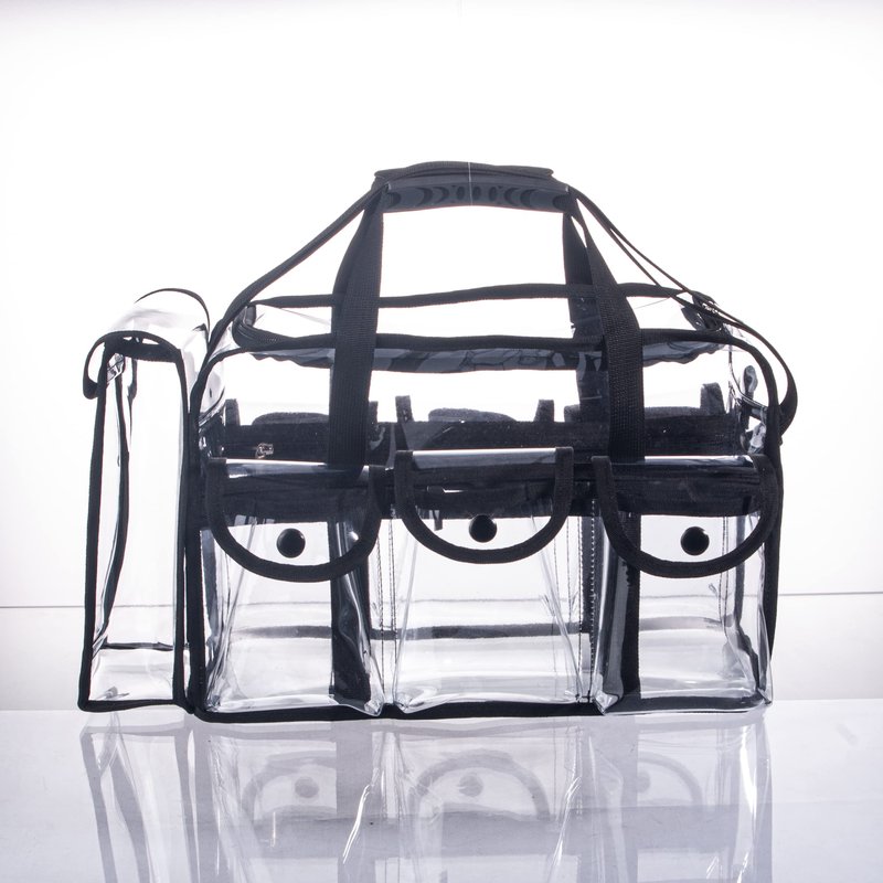Wide Open Large Professional Clear PVC Travel Makeup Artist Set Bag Cosmetic Nails Beauty Bags Transparent Vinyl Tool Organizer Beach Bags Diaper Bag with 6 External Pockets & Strap (Black)