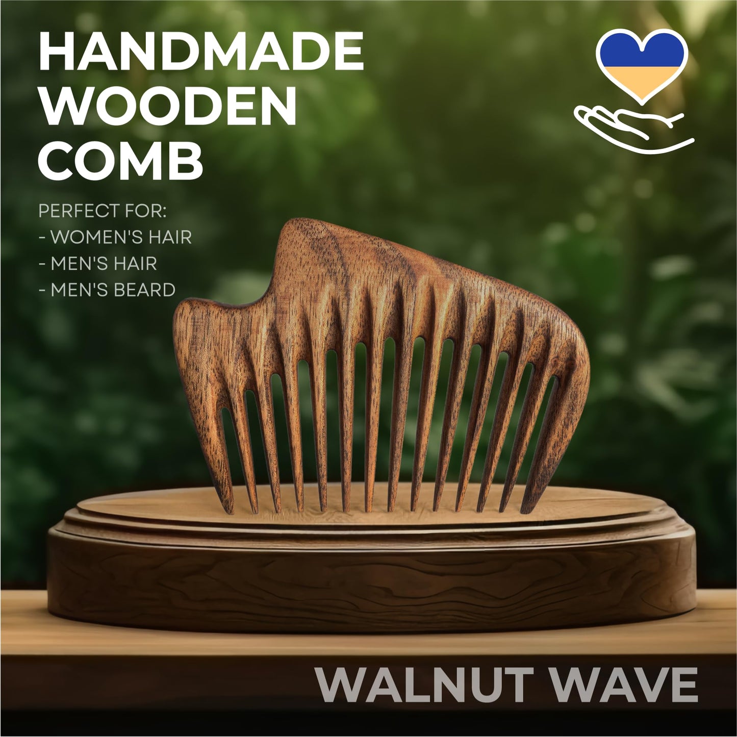 Handmade Wooden Hair Comb - Natural Wood Hair Care, Scalp Massager, Eco-Friendly Perfect for use with Balms and Oils New Wave (Walnut Wave)