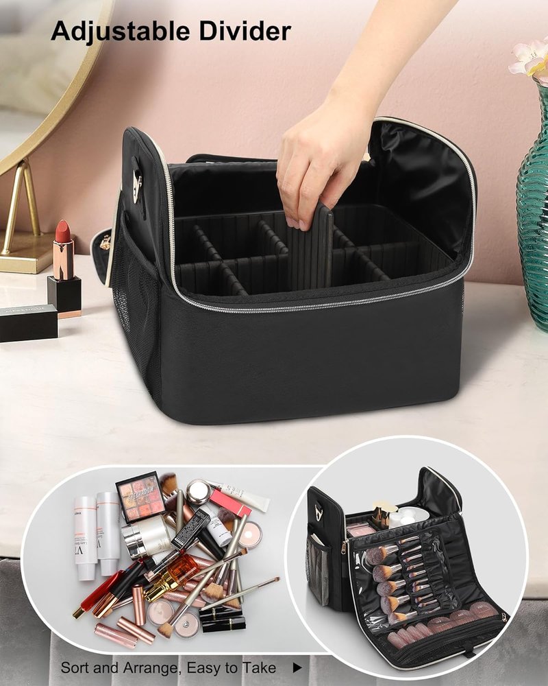 Makeup Carrying Train Case - Professional Makeup Organizer with Adjustable Dividers & Shoulder Strap | Black