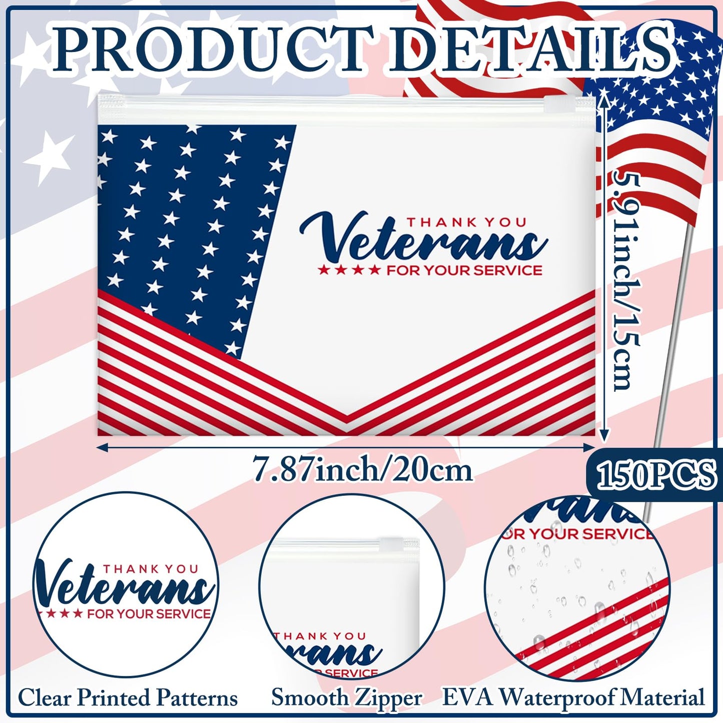 SilTriangle 150 Pcs Memorial Day Patriotic Veterans Thank You Gift Bag Veterans Gift Bulk Red Blue EVA Cosmetic Bag American Flag Thank You for Your Service Patriotic USA Party Favors for Men Soldier