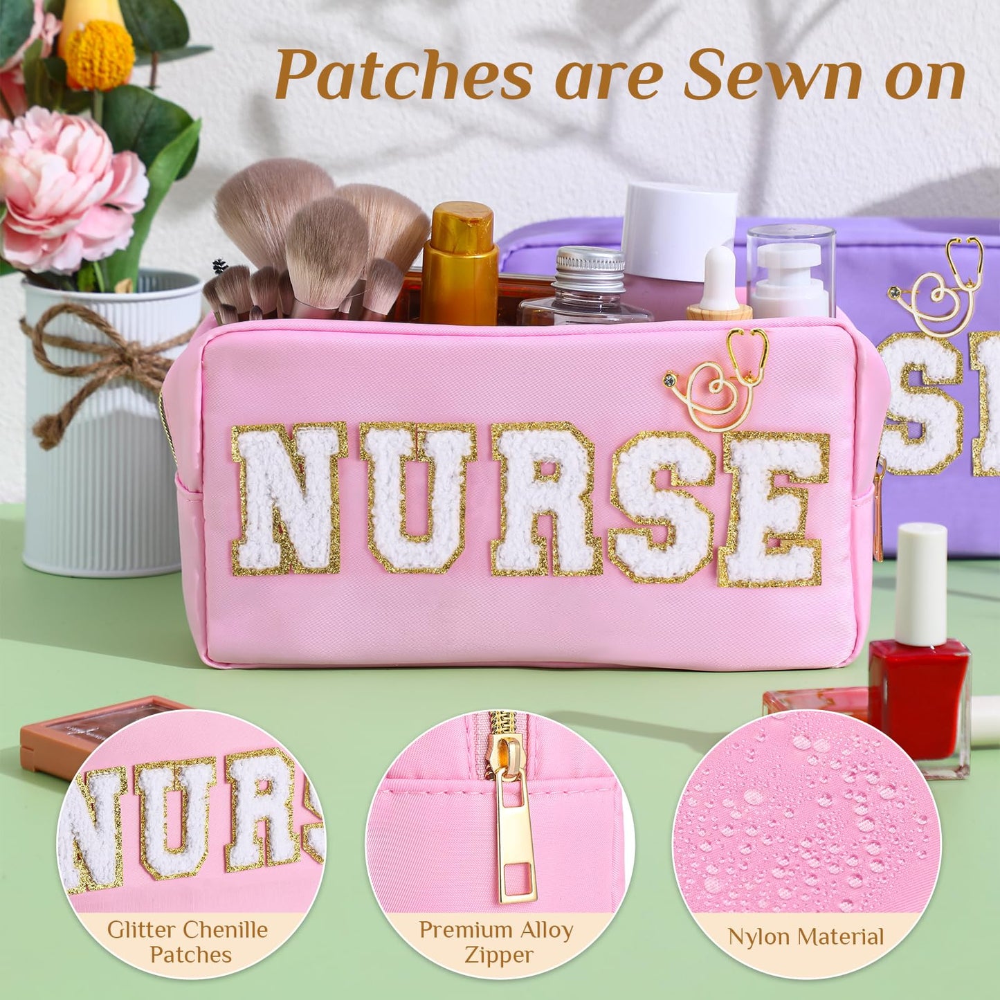 Kacctyen 6 Pcs Nurse Bags Bulk Nurses Week Appreciation Gifts Chenille Letter Makeup Bags Nurses Graduation Retirement Pouch with Gold Stethoscope Pin for Women Work Supplies
