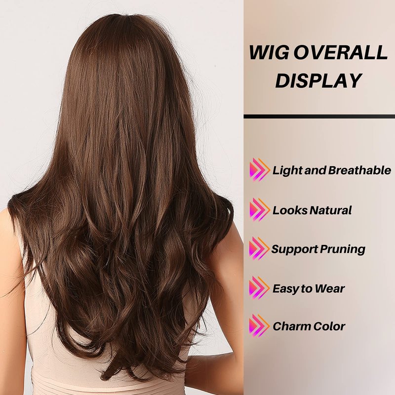 Honygebia Dark Brown Wig with Bangs - Long Wavy Brunette Wigs for Women, Chocolate Brown Synthetic Heat Resistant Hair, Natural Looking Long Brown Wig - Best Wigs for Halloween/Christmas/Party