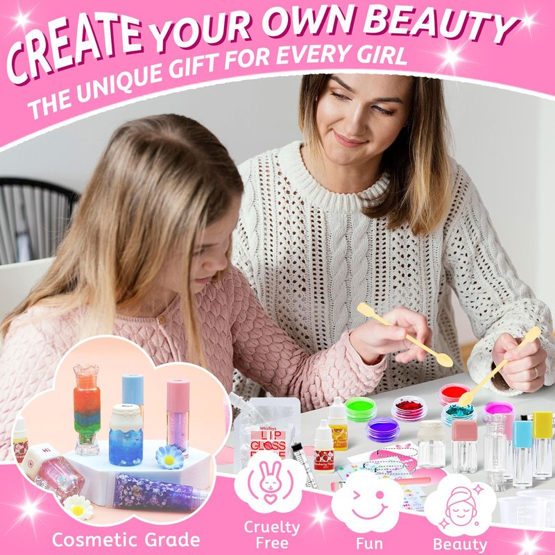 WhizToys 74PCS DIY Lip Gloss Making Kit, Make Your Own Lip Glosses Set Moisturizing Lip Glaze Handmade Glittery Set for Makeup Lover Beginner Teen Girl Gifts, 200ml Lipgloss Base