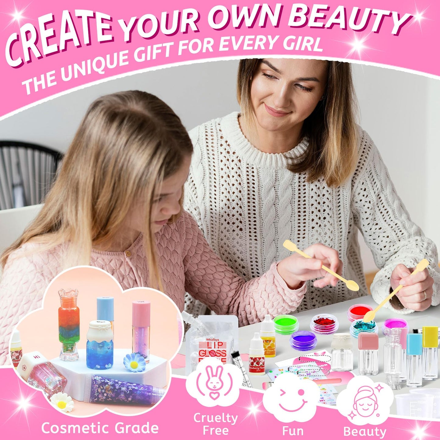 WhizToys 74PCS DIY Lip Gloss Making Kit, Make Your Own Lip Glosses Set Moisturizing Lip Glaze Handmade Glittery Set for Makeup Lover Beginner Teen Girl Gifts, 200ml Lipgloss Base