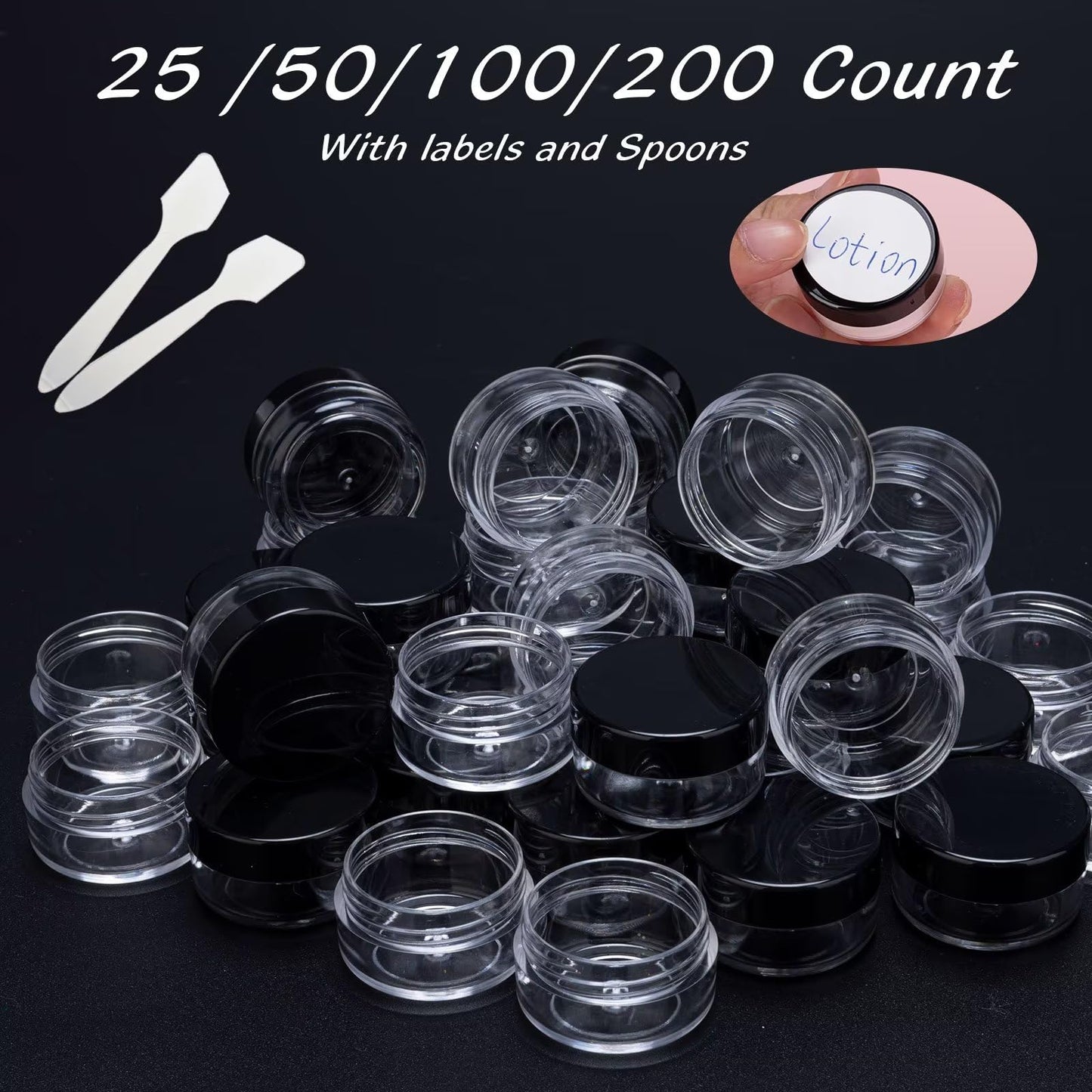 200 Count 5 Gram Sample Containers, Clear Lip Balm Containers with Lids, Small Plastic Sample Jars with 12 Mini Spoons, 200pcs Labels (Black Lid)