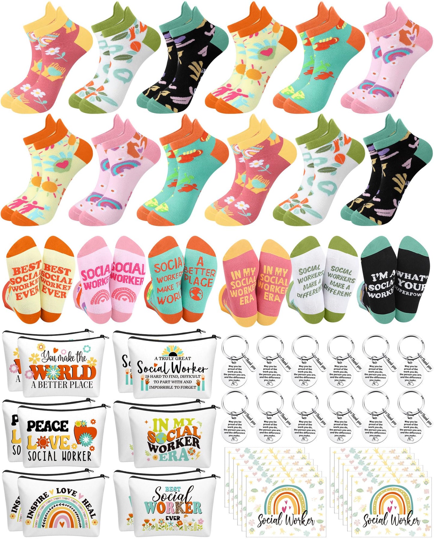 Dansydaisy 48 Pcs Novelty Social Worker Gifts Bulk Include Funny Cotton Ankle Socks Makeup Bag Keychain Greeting Card for Thank You Appreciation Birthday Graduation Gifts Supplies