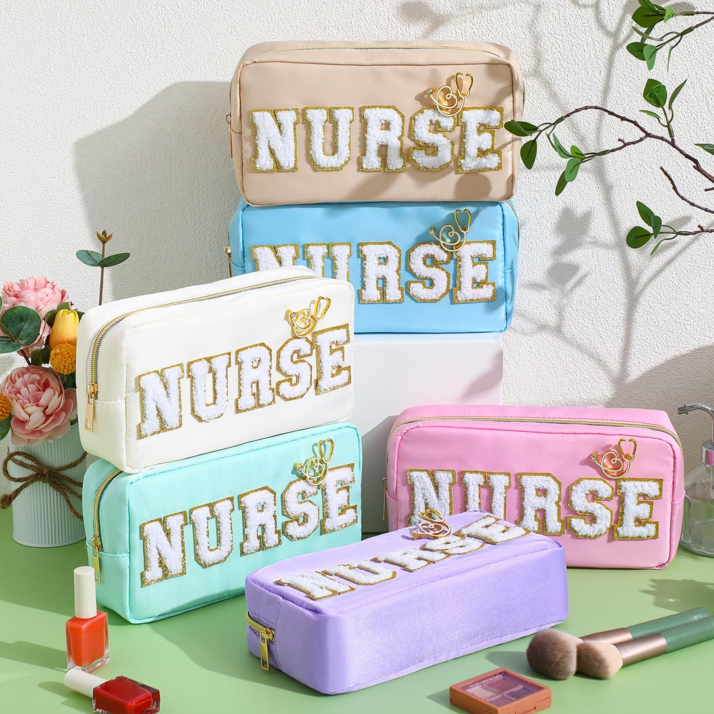 Kacctyen 6 Pcs Nurse Bags Bulk Nurses Week Appreciation Gifts Chenille Letter Makeup Bags Nurses Graduation Retirement Pouch with Gold Stethoscope Pin for Women Work Supplies