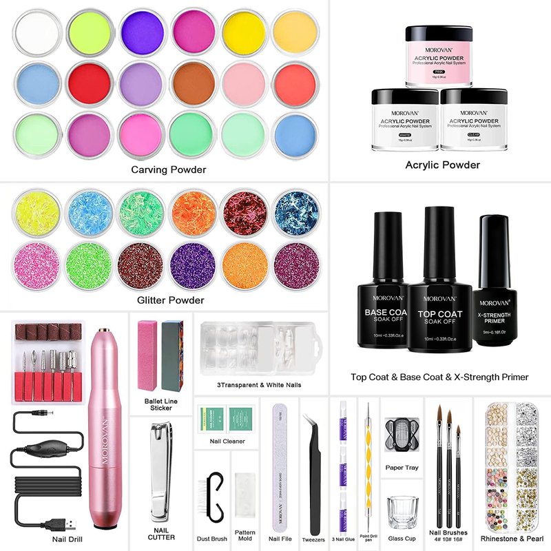 Morovan Acrylic Nail Kit for Beginners: Professional Nails Kit Acrylic Set With Everything Complete Starter Set - with 3 Colors Powder and Glitter Powder