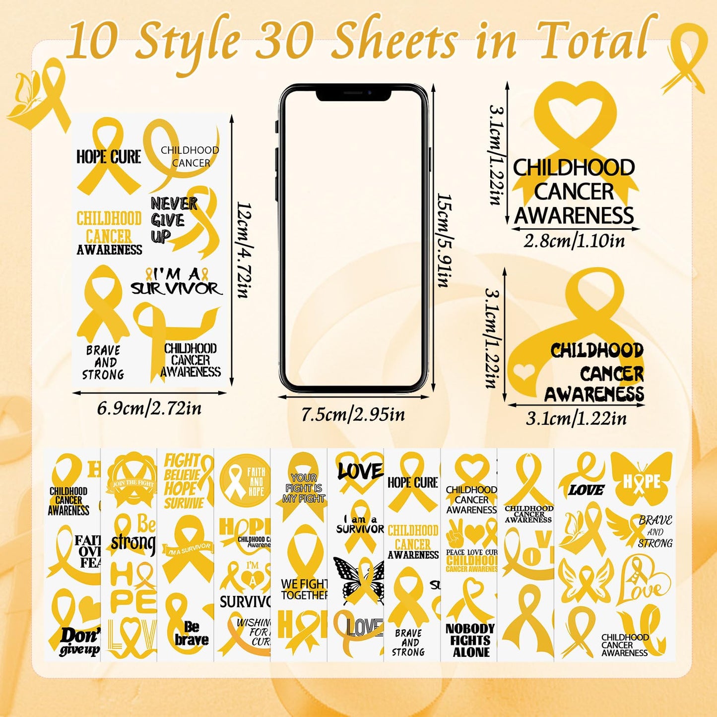 WANDIC 30 Sheets Childhood Cancer Awareness Temporary Tattoos, Gold Ribbon Awareness Tattoo Sticker Cancer Survivor Decals for Charity Decoration