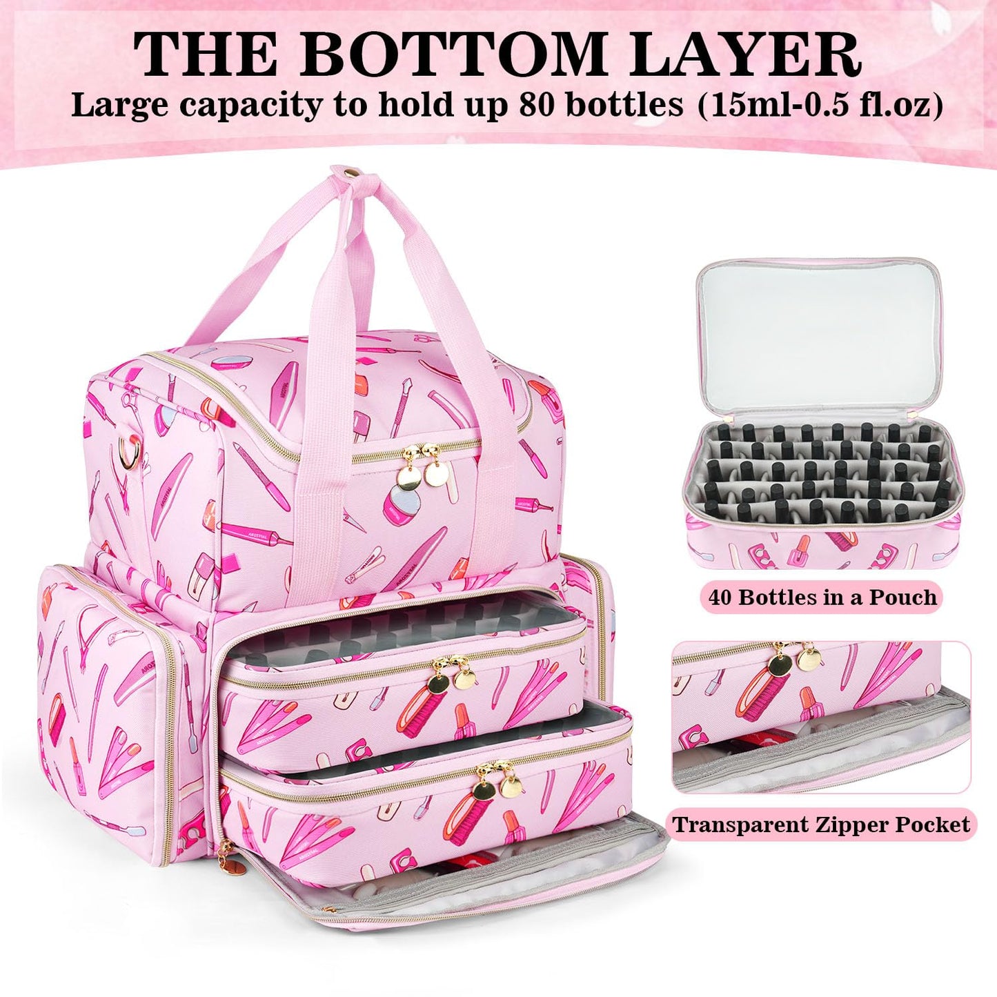 Extra Large Nail Polish Organizer Case Holds 80 Bottles and a Nail Lamp, Nail Organizers and Storage with 2 Removable Pouches, Travel Nail Supplies Carrying Bag for Nail Art Tech & Manicure Tools,Pink