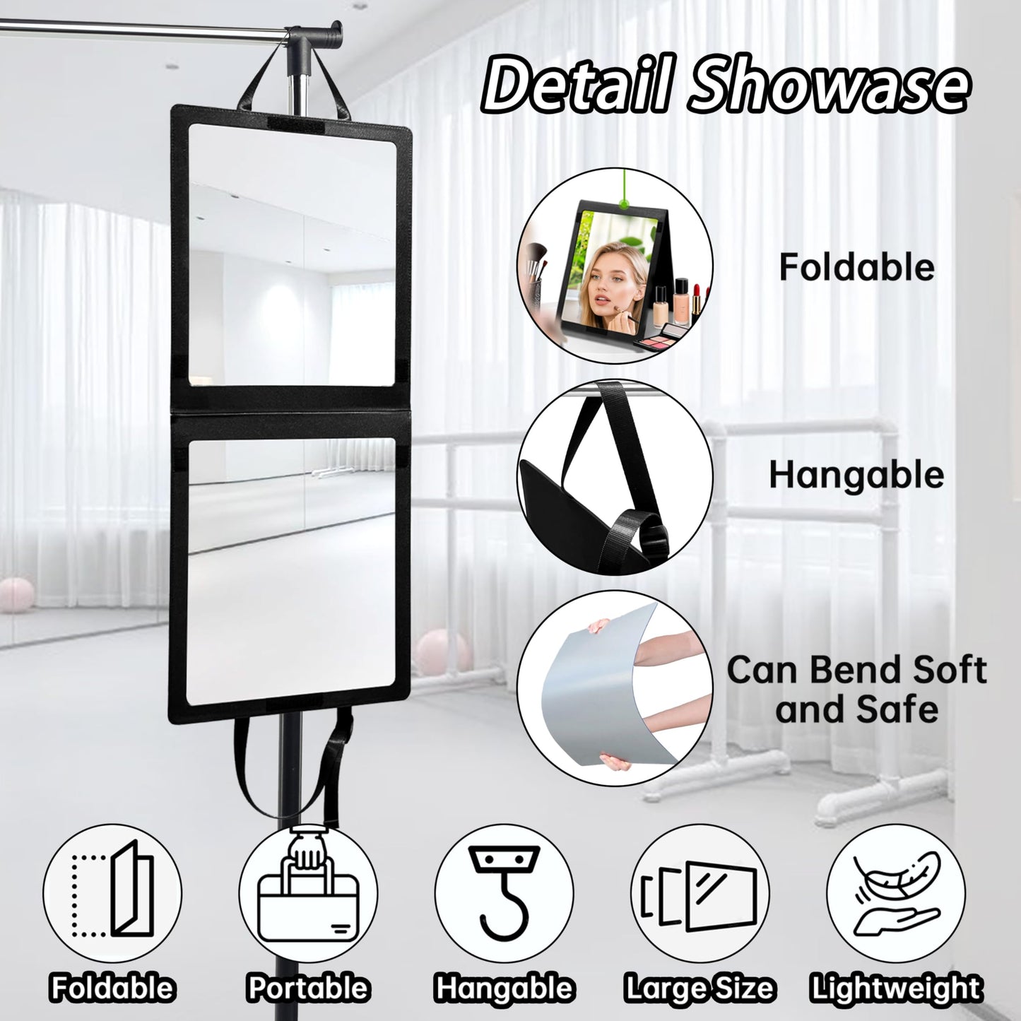 Adzyz Foldable Portable Full Length Mirror, 33x13 Inch Hanging Shatterproof Travel Mirror for Camping, Travel, Dancers - Black Hanging Folding Dance Mirror