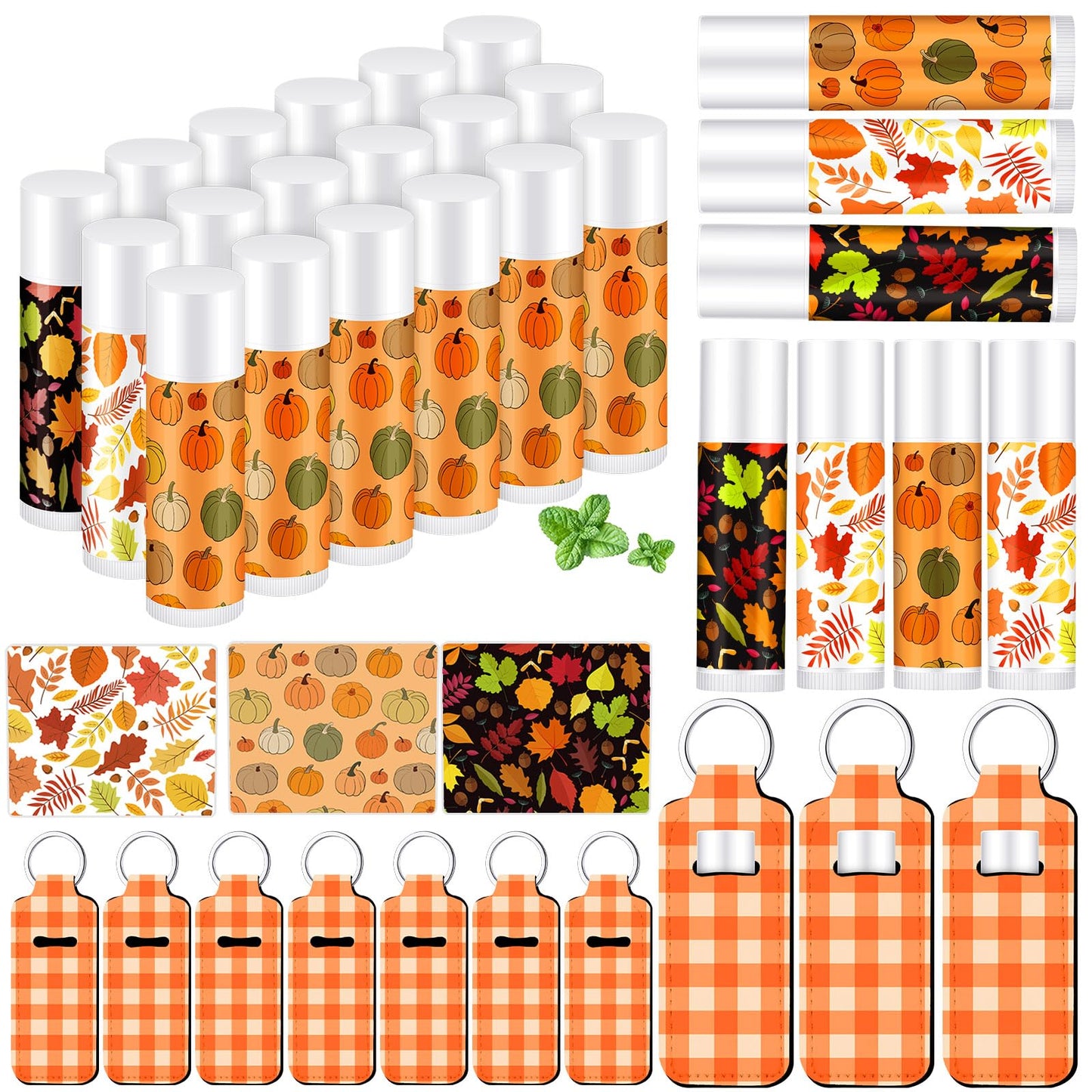 Swiffen 18 Sets Fall Maple Leaf Pumpkin Lip Balm and Holder Keychains Set Pumpkin Party Favors Bulk for Women Employee Basket Christma Stocking Stuffers Goodie Bag