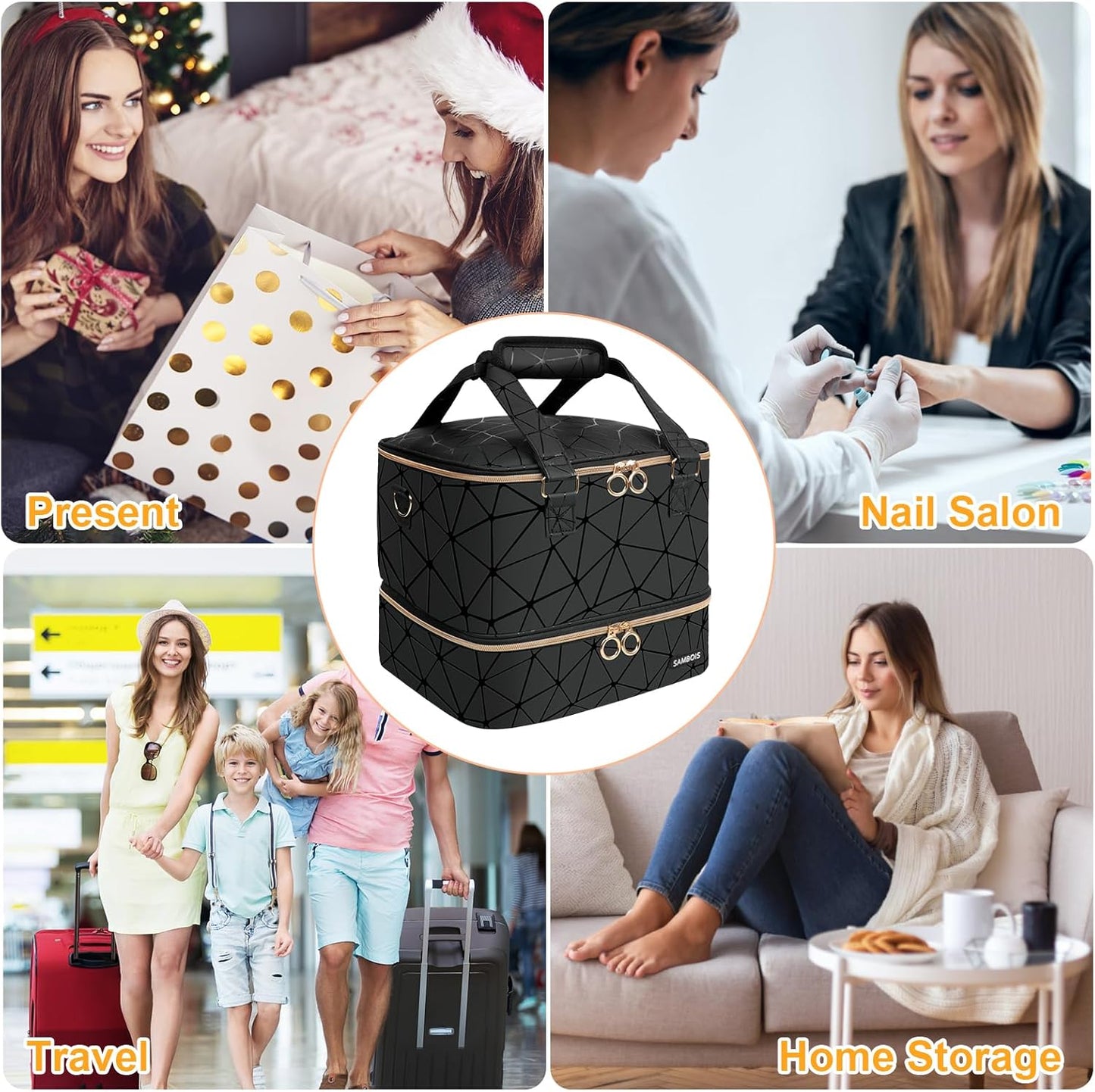 Nail Polish Organizer Bag - Holds 84 Bottles & Nail Lamp | PU Leather Travel Case (Black)