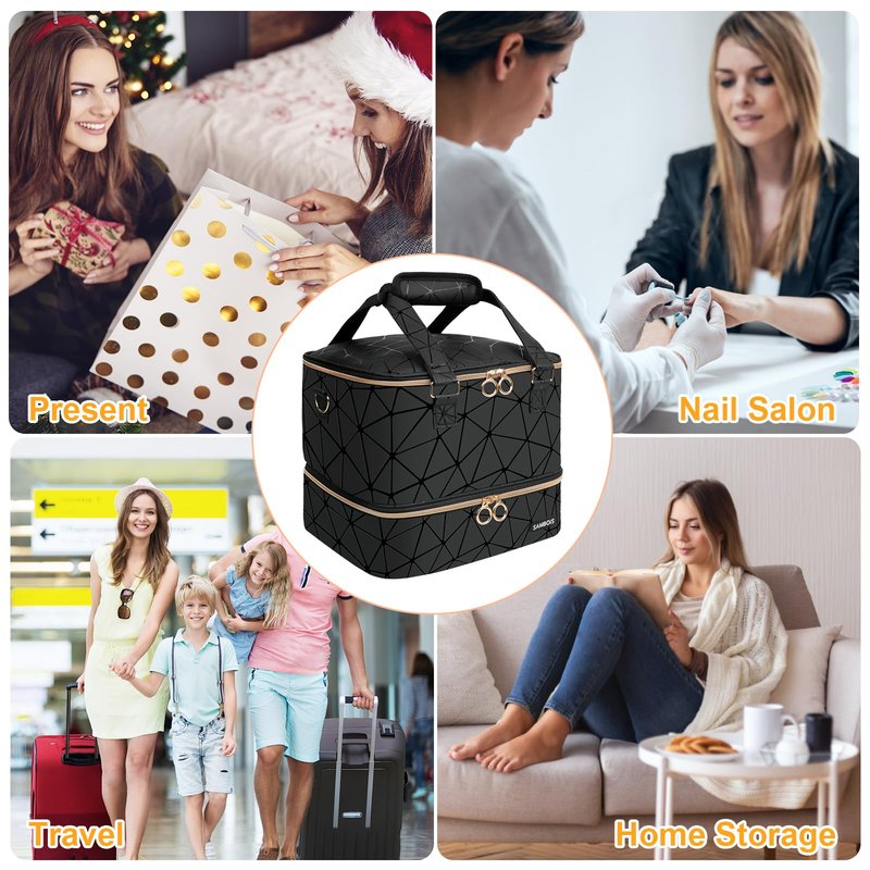 Sambois Nail Polish Organizer Bag Holds 84 Bottles (15ml/0.5 fl.oz)& Nail Lamp, PU Leather Nail Supplies Organizer with Holder& Shoulder Strap, Portable Travel Nail Kit Storage Carrying Case (Black)