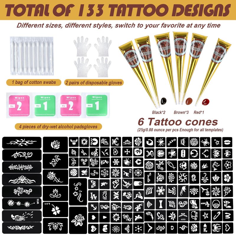 Temporary Tattoos Stencils Kit,Temporary Tattoos Kit - 6 Pcs 3 Color(3 Brown 2 Black 1 Red) Ink with Gloves,DIY Body Art Painting for Women Men Adults TA636KIT