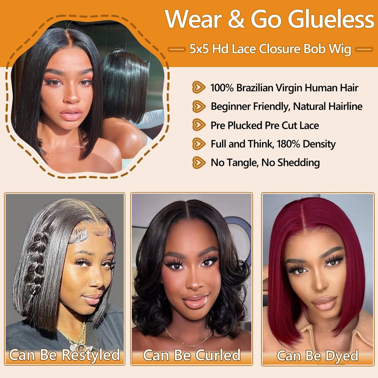 Keytac Bob Wig Human Hair Glueless Wear and Go Pre Plucked Pre Cut Straight Short Bob Lace Front Wigs for Women 5x5 Hd Lace Closure Wig 12 Inch Brazilian Virgin Hair 180% Density Natural Black