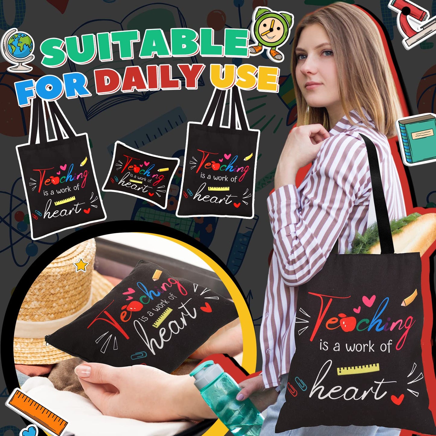 Kacctyen 12 Pcs Teacher Graduation Appreciation Gifts 6 Reusable Grocery Bag 6 Cosmetic Bags Thank You Women Gifts(Teaching is a Work of Heart)