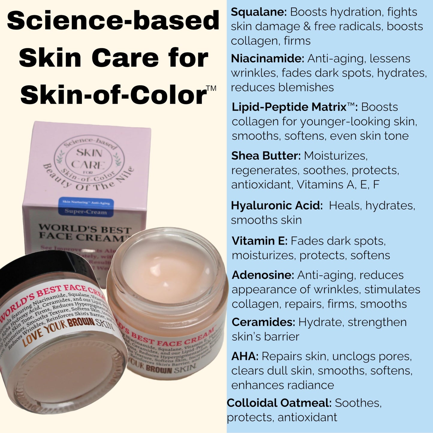 Beauty Of The Nile World’s Best Face Cream™ for Skin-of-Color, Anti Aging Reverse Signs of Aging Hydrates Niacinamide Squalane Hyaluronic Acid, 2 oz