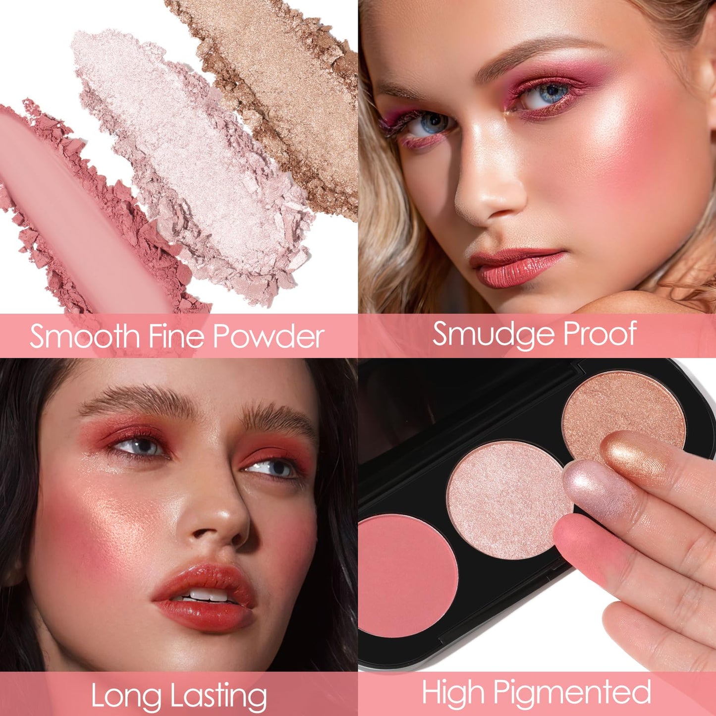 FOCALLURE Blush and Highlighter Palette,3 in 1 Makeup Powder, Cruelty-Free Matte, Shimmer Illuminator for a Glowing Look,#03