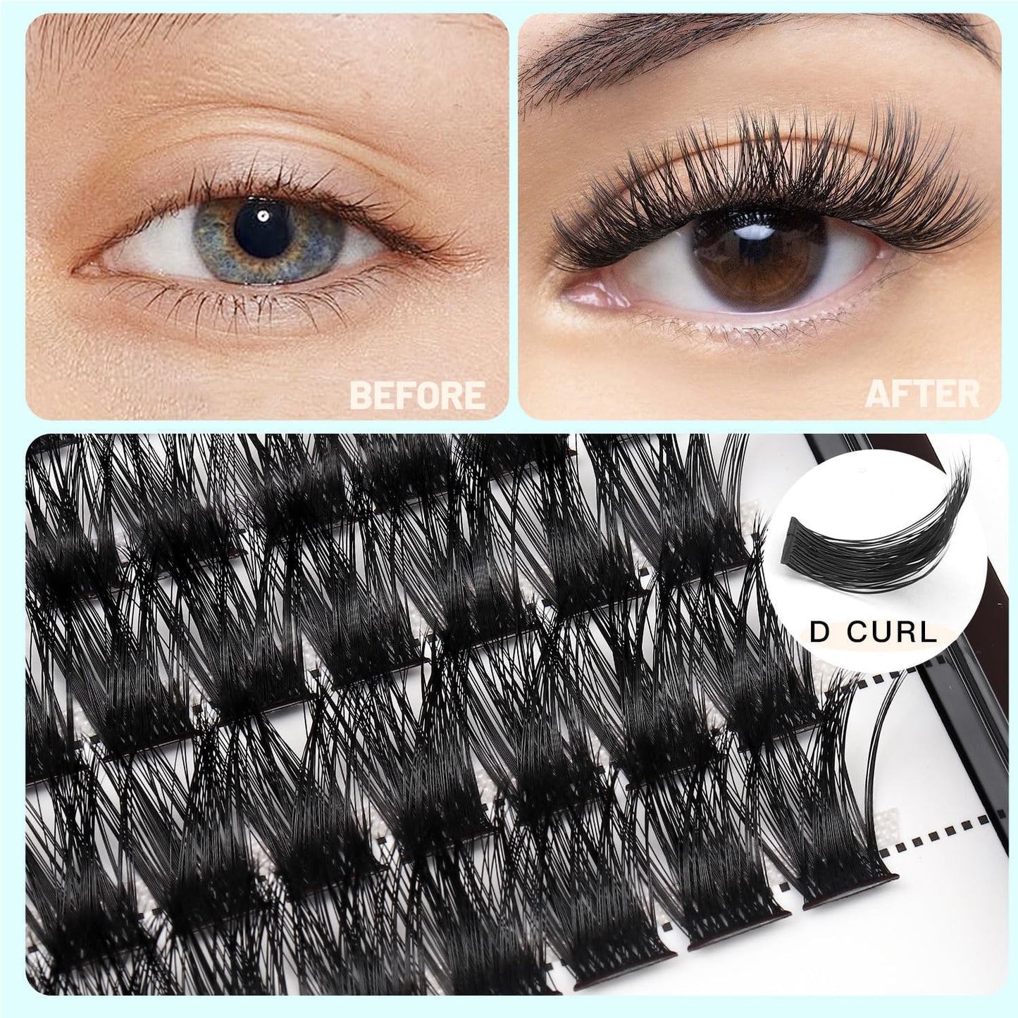 Hannahool10Rows Mixed 10-12-14-16mm /8-10-12-14mm Individual False Eyelashes D Curl Wide Stem Makeup Cluster Eyelashes Natural Volume Eye Lashes Extensions (HD-lashes kit-10-12-14-16MM Mixed)