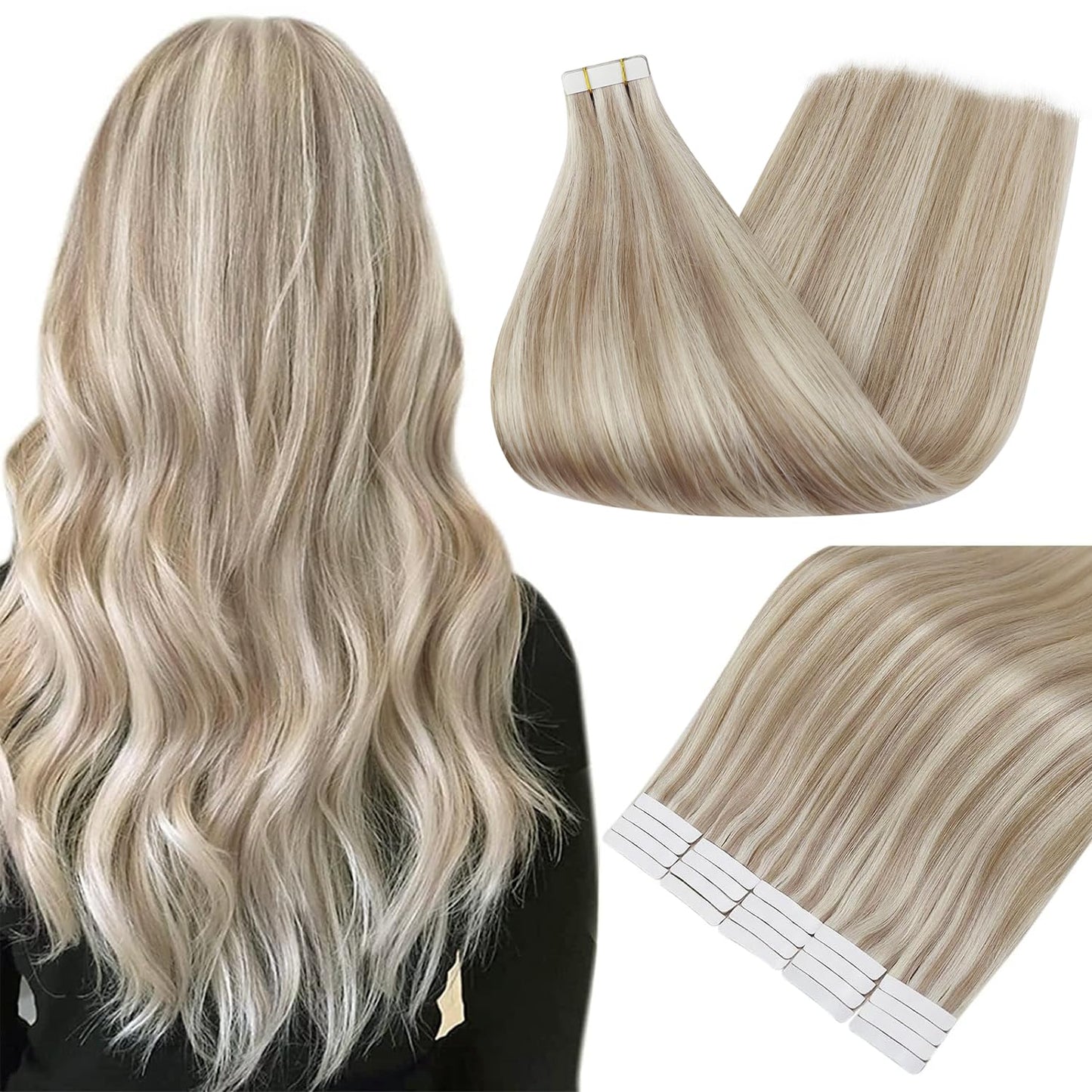 Full Shine Tape in Hair Extensions Human Hair 16 Inch Color 18 Dirty Blonde Highlighted 613 Ash Blonde Invisible Tape Ins Human Hair Extensions 50 Grams 20PCS Thick End for Party